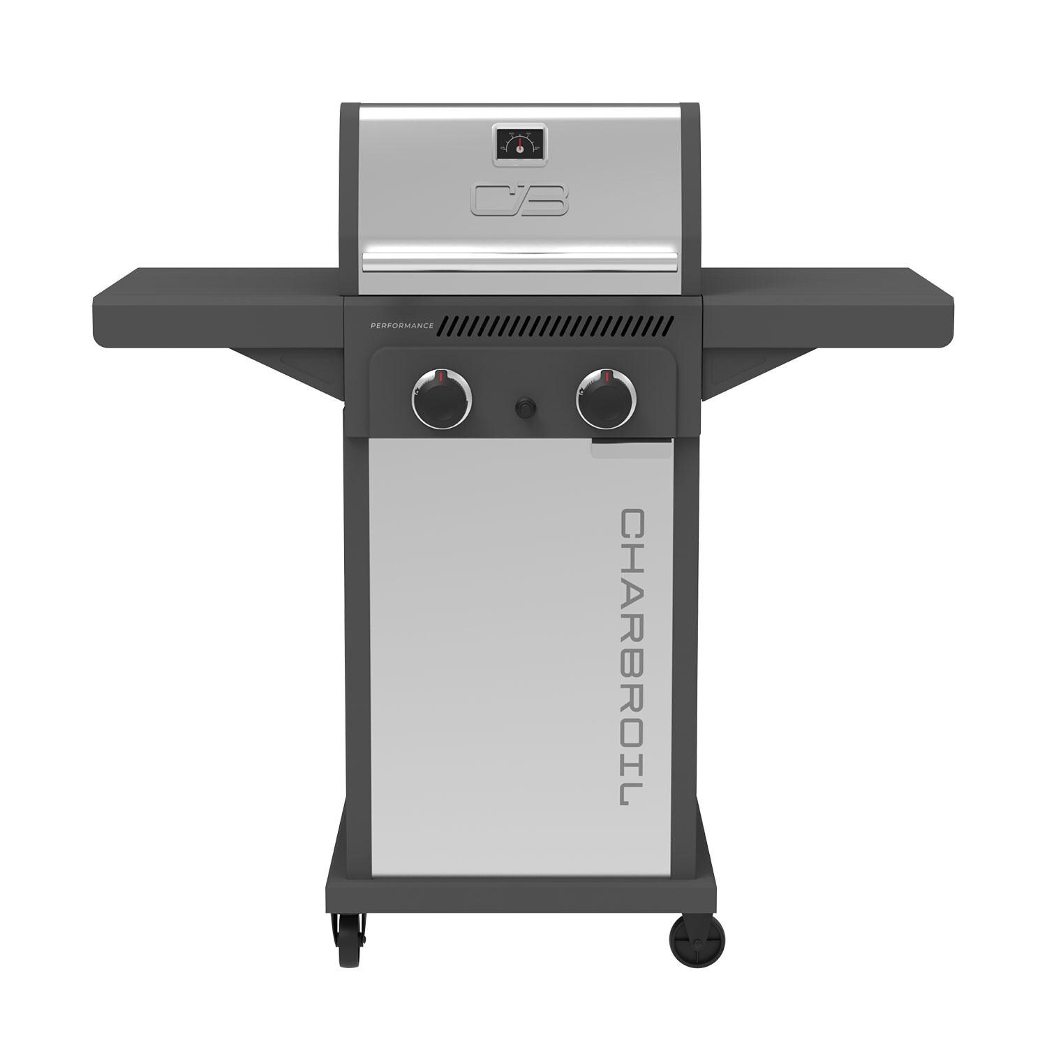 Charbroil 463663125 Performance Series 2 Burner Propane Grill Cabinet W/ Foldable Side Shelves, Grey & Stainless Steel - Display - White Background thumbnail