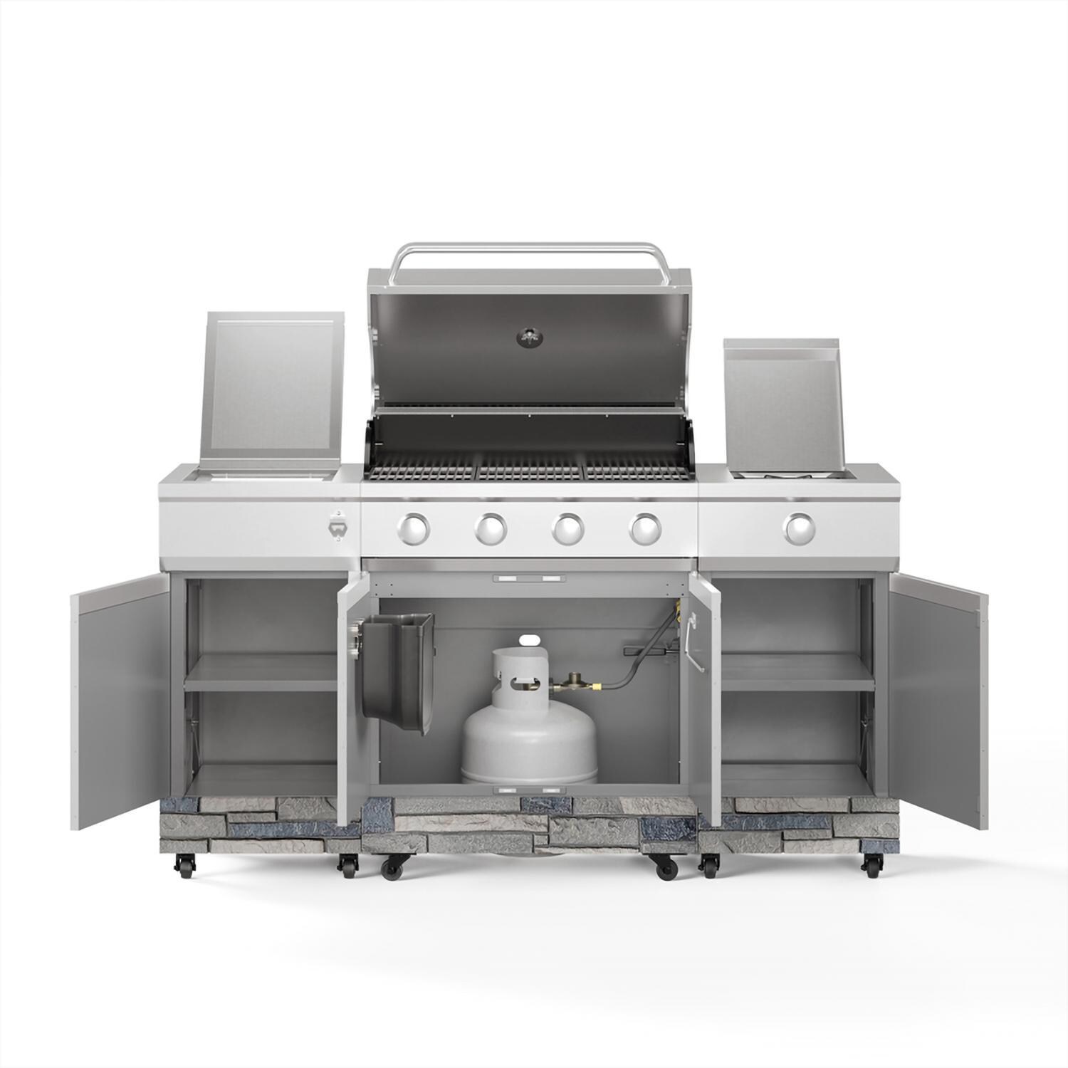 TYTUS Fresno Series 5-Burner Propane Island Grill in Stainless Steel + Shadow Stone w/ Cover & Griddle - Cabinets Open - White Background thumbnail