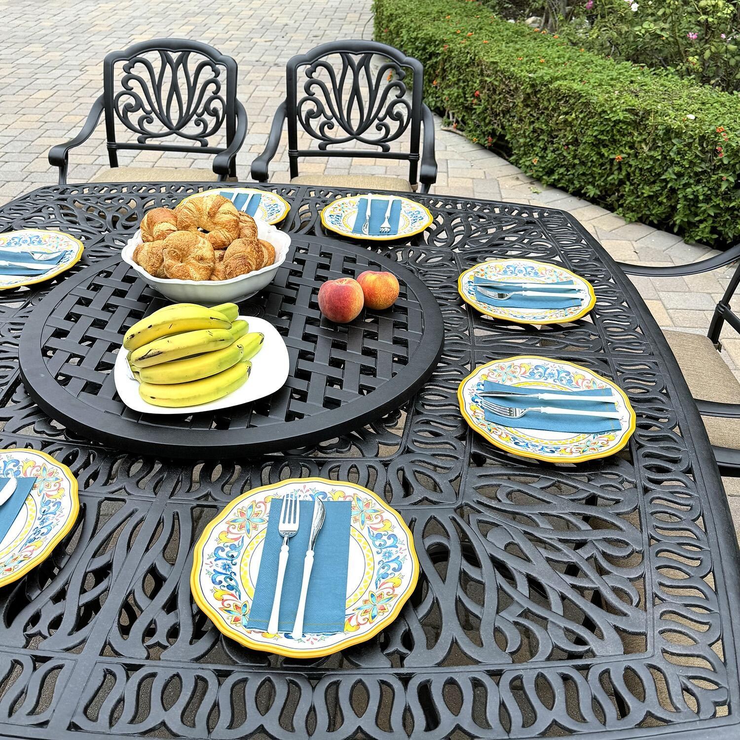 Darlee Elisabeth 10 Pc Cast Aluminum Dining Set w/ 64 Inch Table & 4 Swivel Rockers in Antique Bronze/Beige Canvas - Lazy Susan - Lifestyle thumbnail
