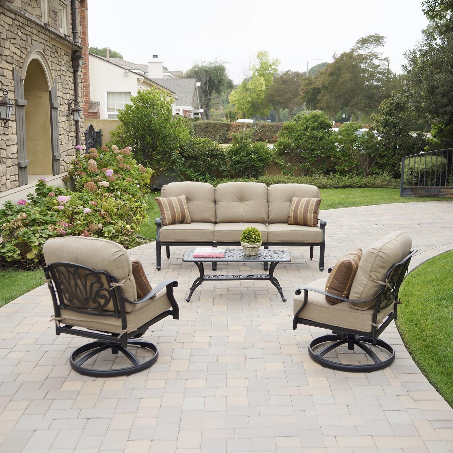 Darlee Elisabeth 4-Pc Seating Set w/ 42 X 21-Inch Series 80 Table & Swivel Rockers & Throw Pillows in Antique Bronze/Beige Canvas - Full Set - Lifestyle thumbnail