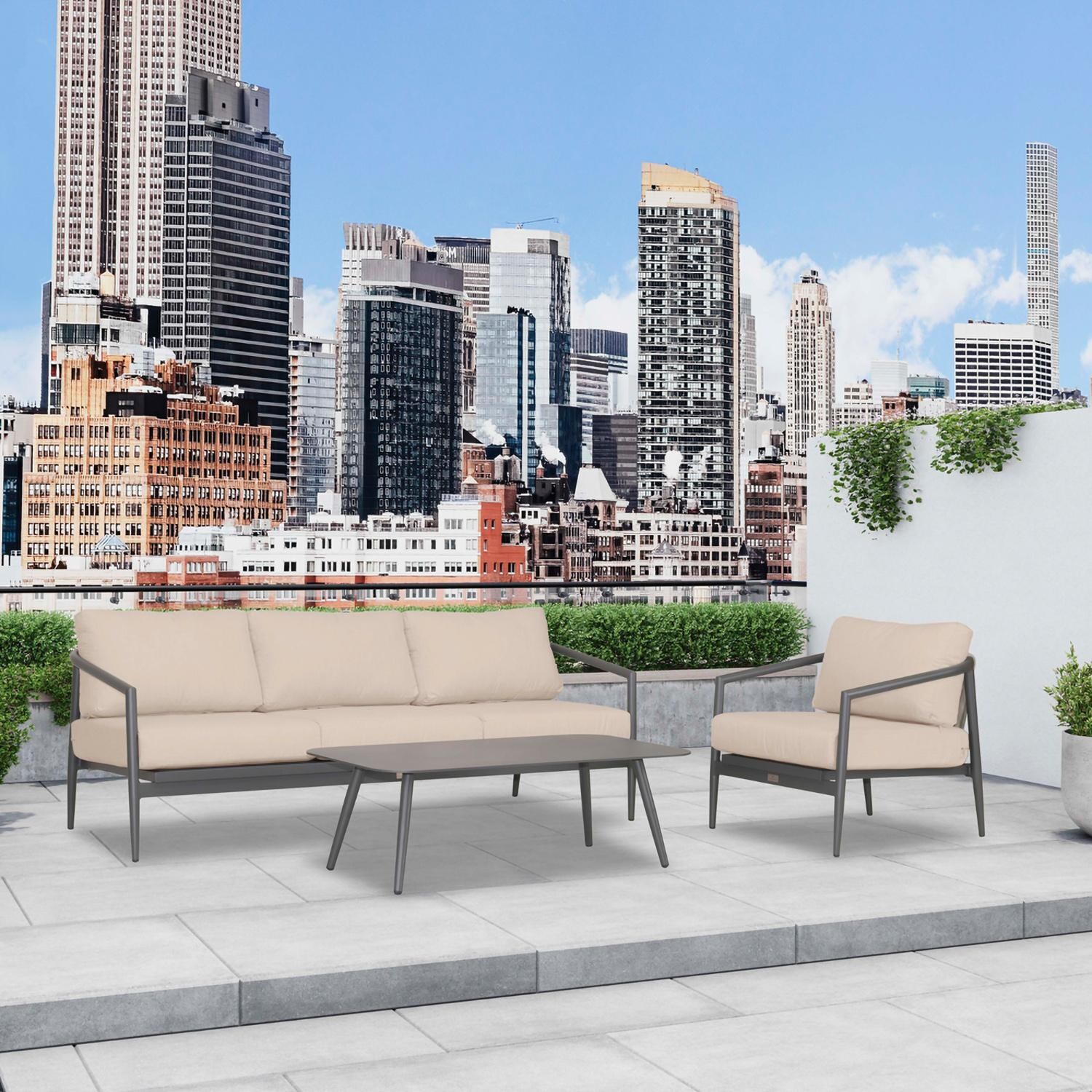 Lakeview Midnight Cove 3 Pc Aluminum Sofa Seating Set in Slate/Pebble Gray/Canvas Flax - Angled - Lifestyle thumbnail