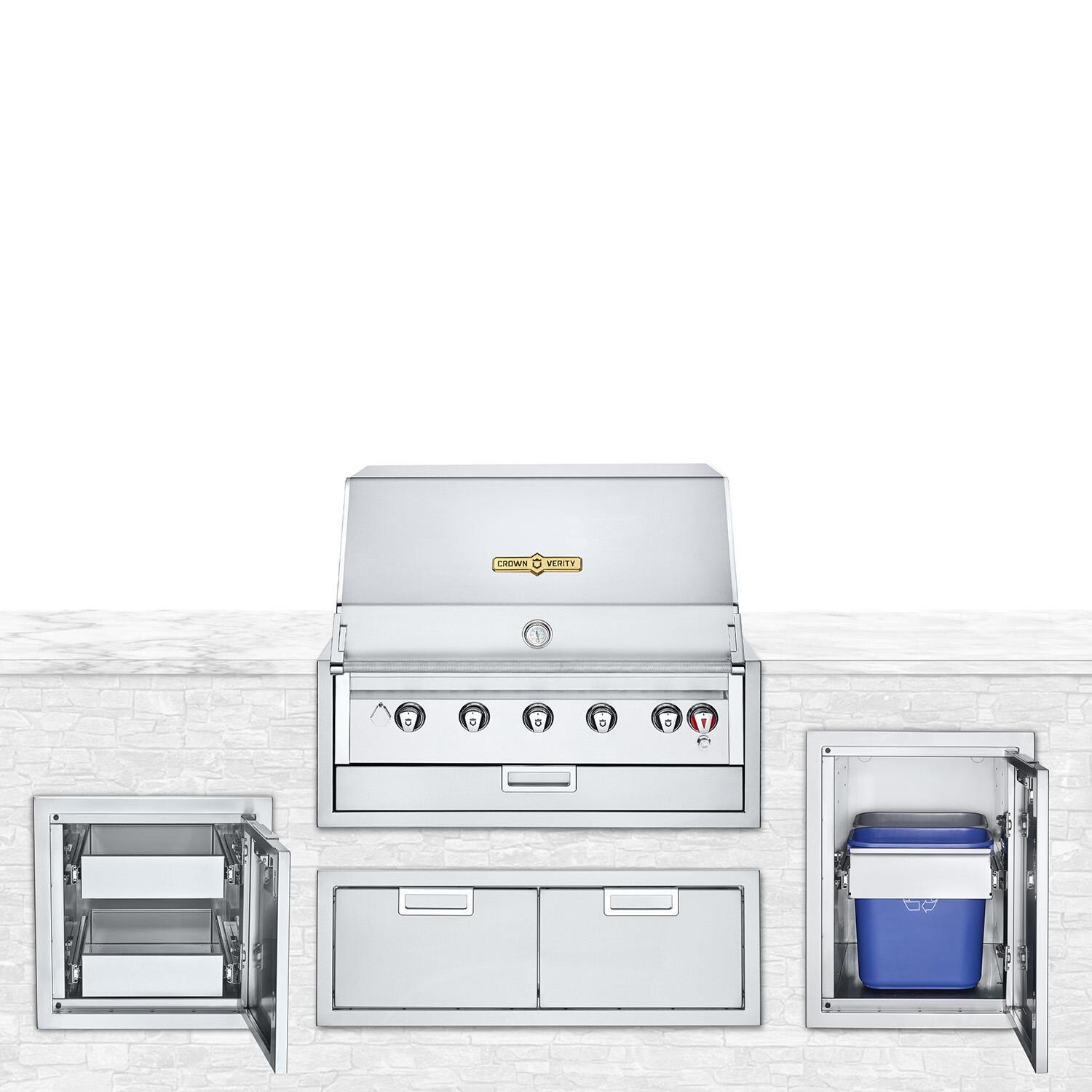 Crown Verity IBI36LP Infinite Series 4pc 36-Inch Propane Built-In Grill Bundle W/Large Storage Cabinet, Access Door, & Garbage Center - White Background thumbnail