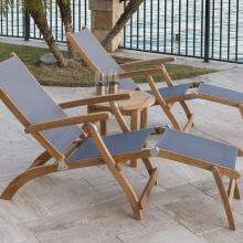 Steamer 3 Piece Teak Patio Chaise Lounge Set W/ Round Side Table By Royal Teak Collection - Gray Sling