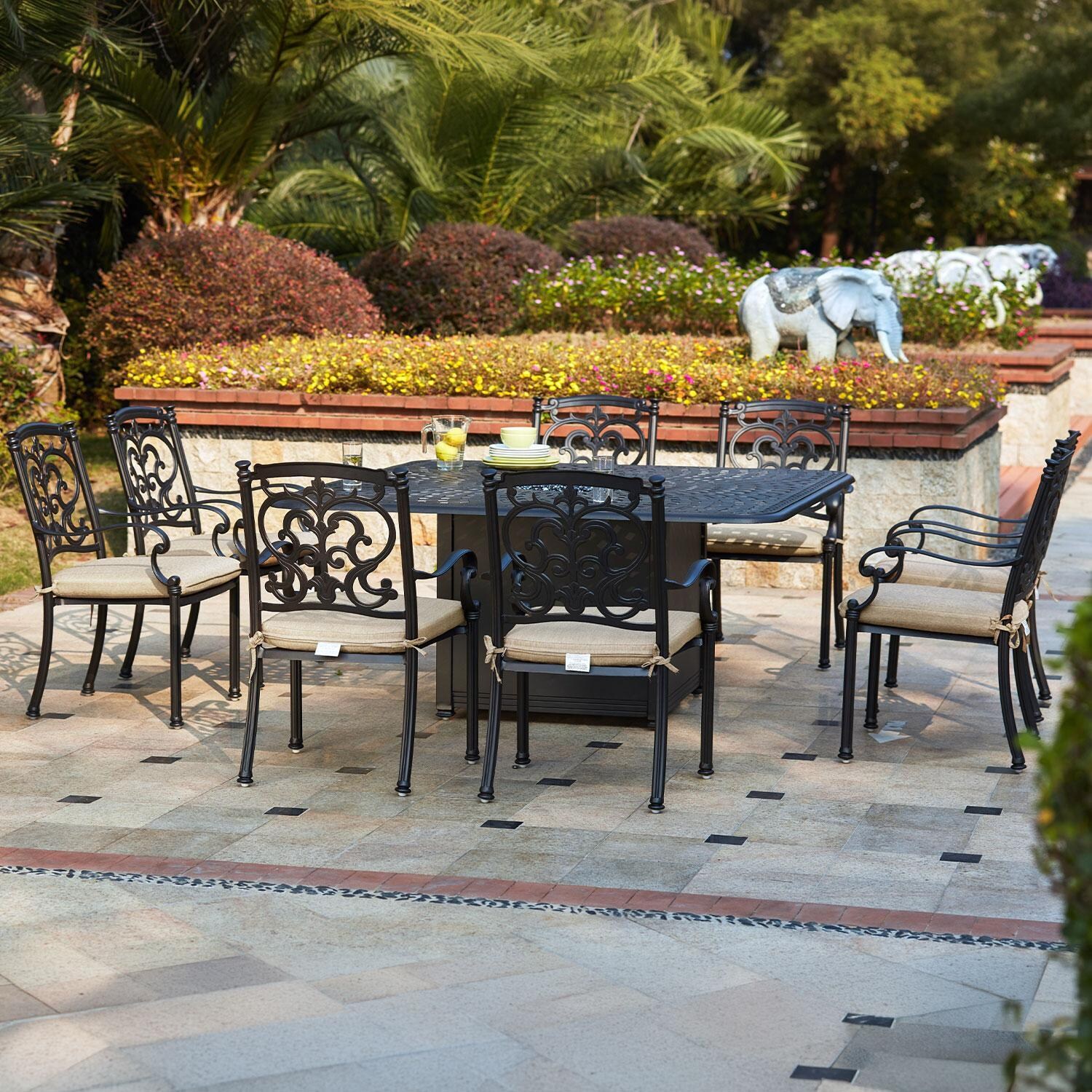 Santa Barbara 9 Pc Cast Aluminum Fire Pit Dining Set w/ 64 Inch Square Signature Table in Antique Bronze/Beige Canvas by Darlee