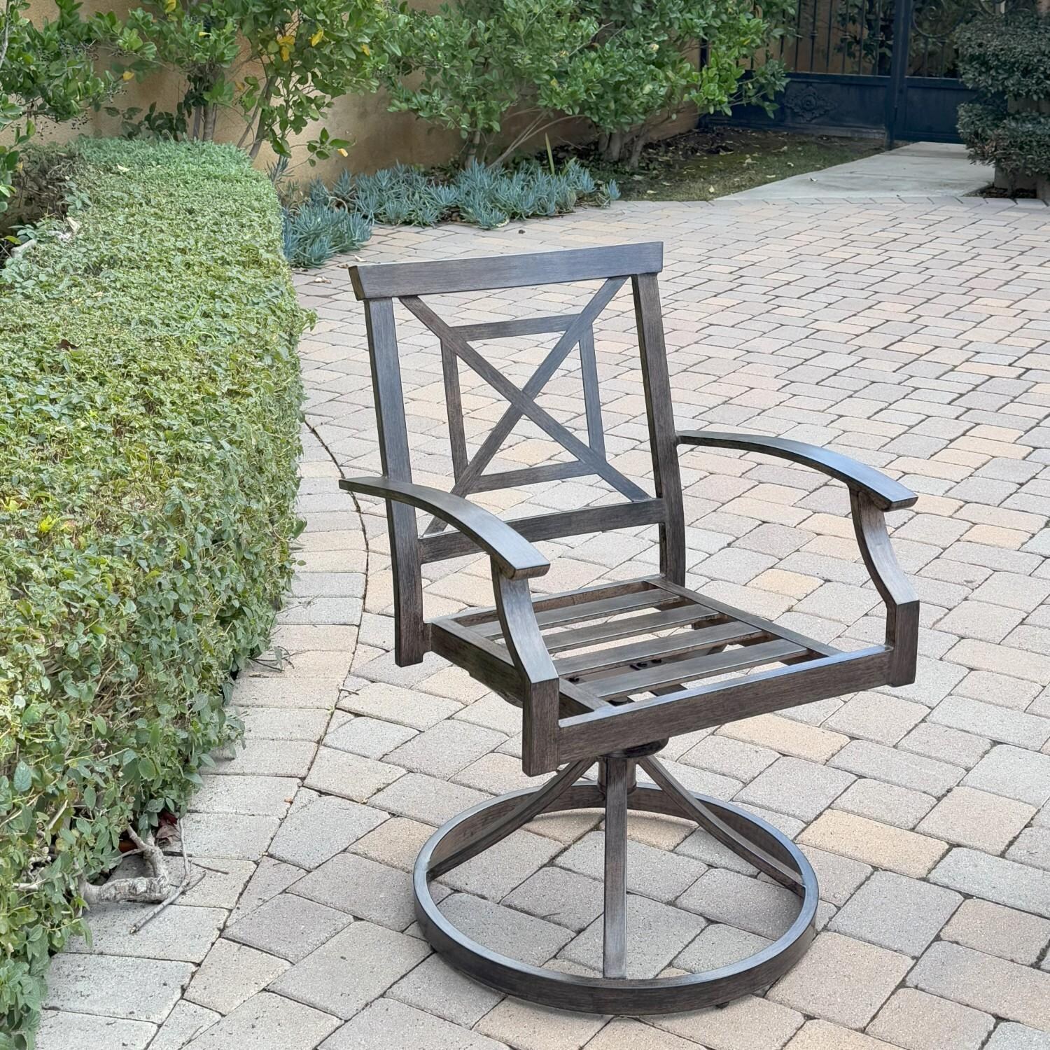 Atlantis 4 Pc Aluminum Dining Arm Chair Set in Walnut/Beige by Darlee - Chair Angled w/o Cushion - Lifestyle