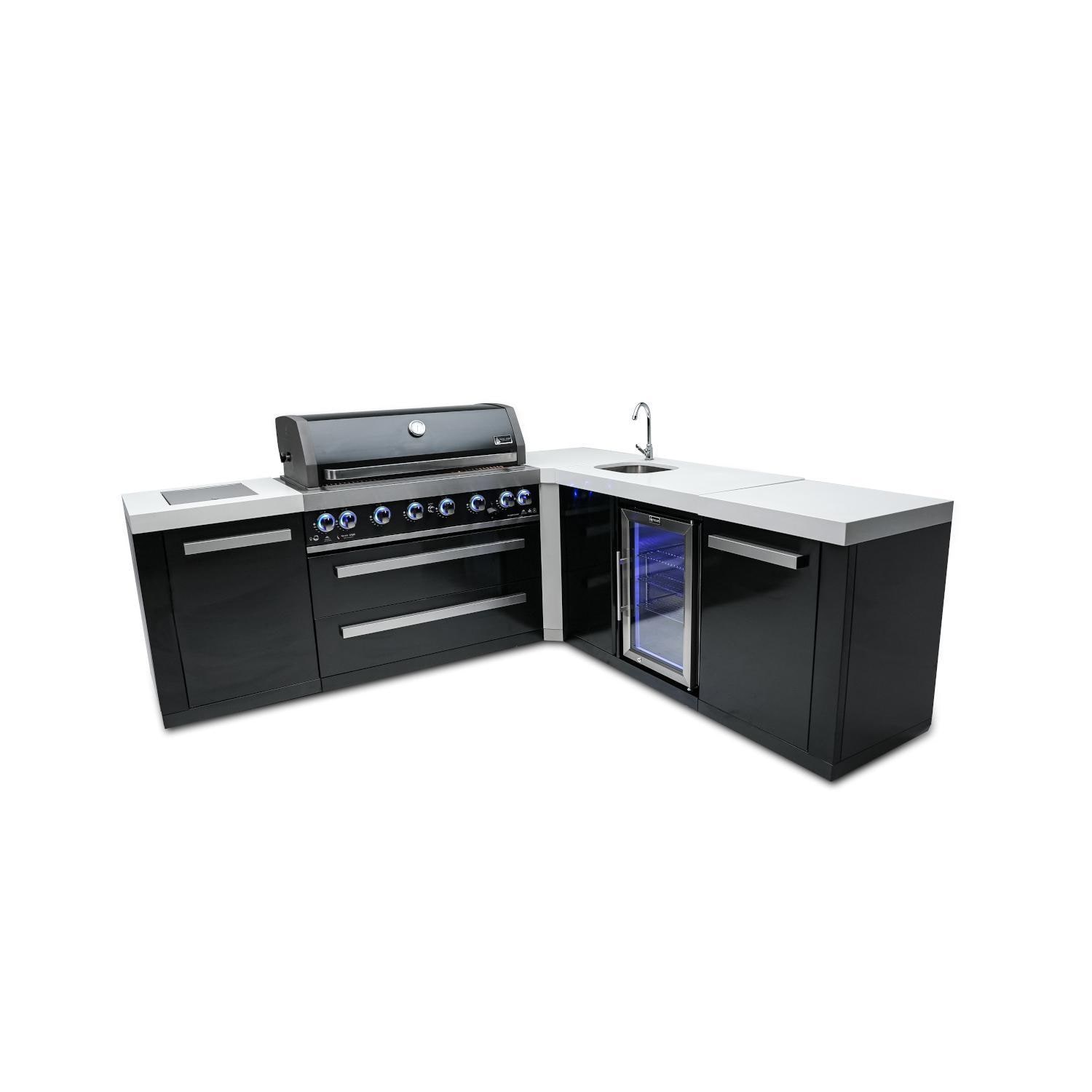 Mont Alpi Black Series 8 Ft L-Shaped Natural Gas Outdoor Kitchen Island w/ Side Burner & Beverage Center (Ships Propane w/ Conversion Kit) - MAi805-BSS90BEV