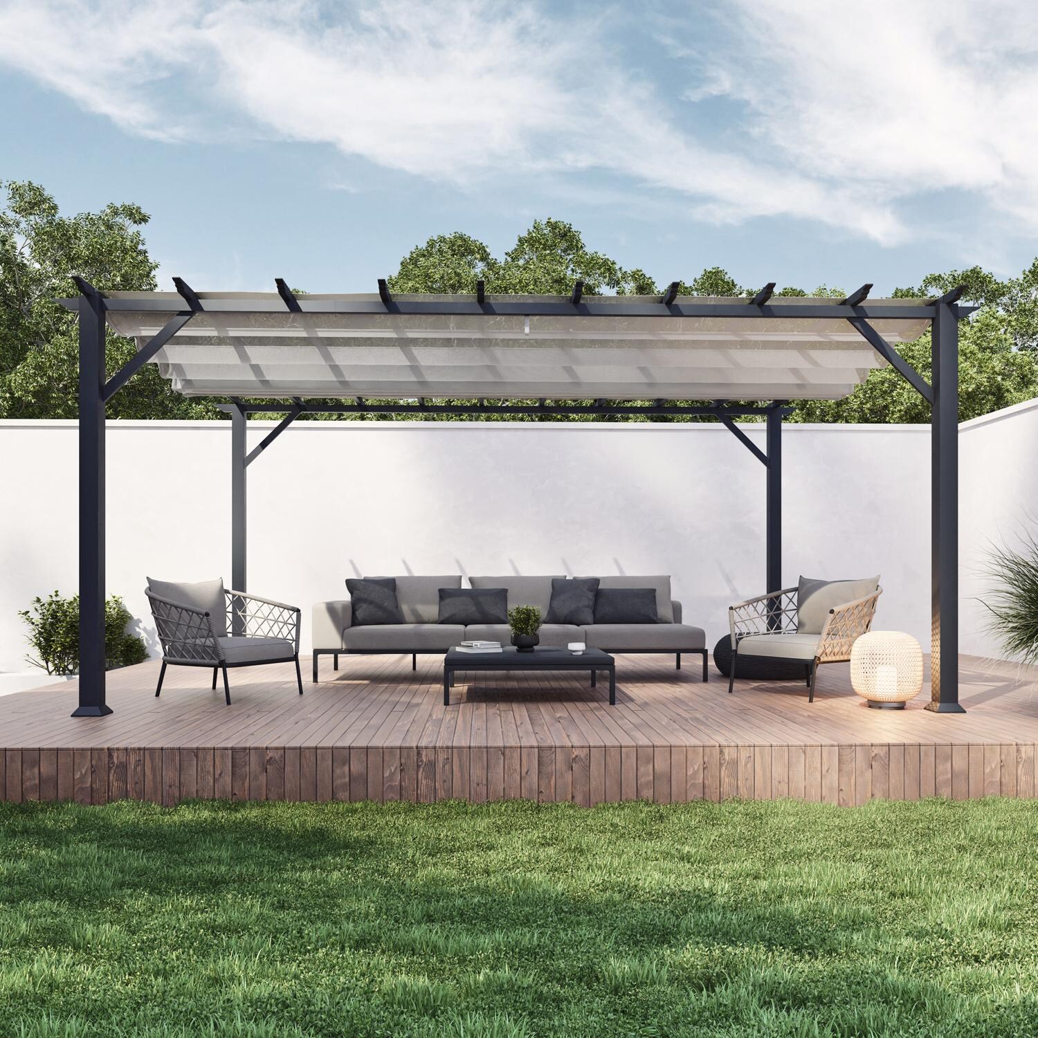 Paragon Outdoor PR16GRYG Florence 11' x 16' Gray Pergola w/ Gray Canopy - Side - Lifestyle thumbnail