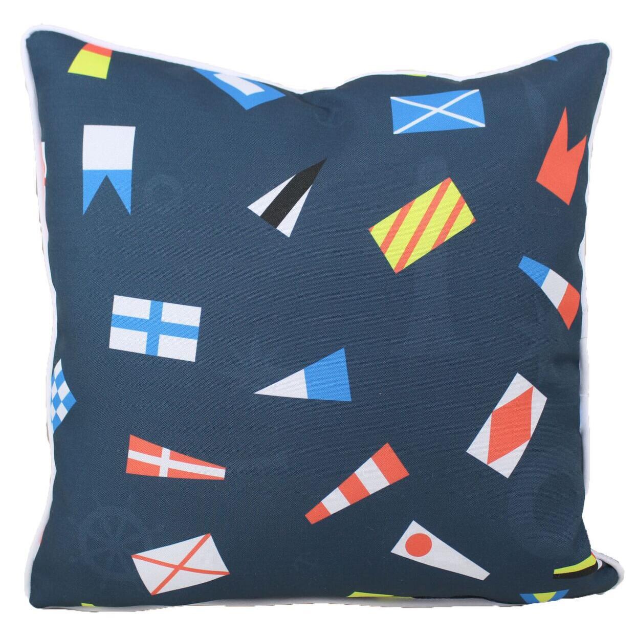 Navy Blue Nautical Flags Outdoor Throw Pillow W/ Piping By Lava Pillows - 18 X 18 thumbnail