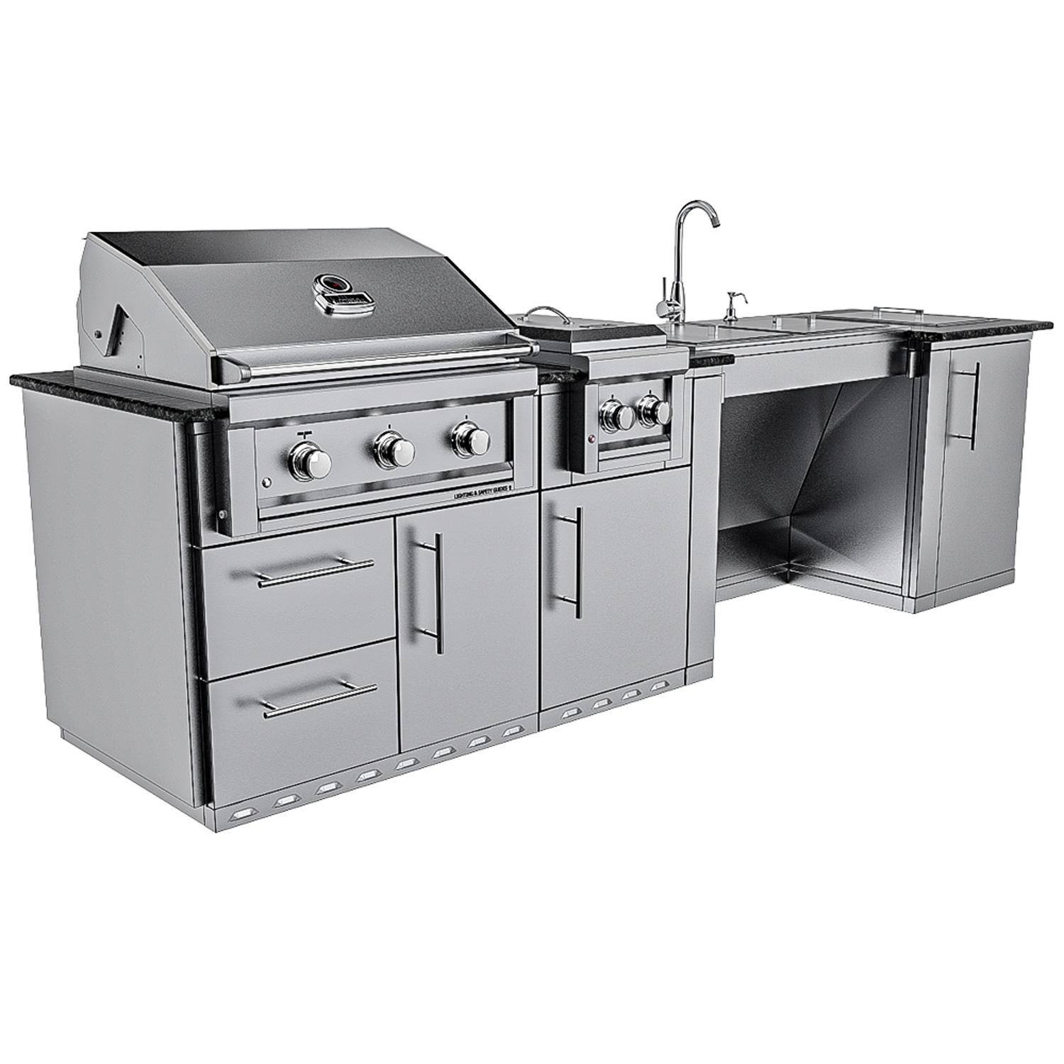 Sunstone Grills SCPSUMMIT10-LP Summit 10 Ft Outdoor Kitchen Island w/ Propane Grill & Side Burner, Sink, Door & Drawer - Left Side Grill Closed - White Background thumbnail