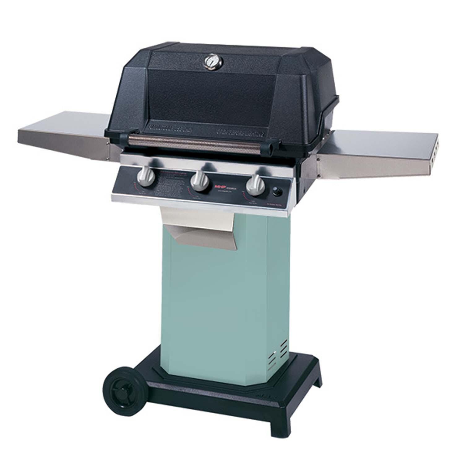 MHP WHRG Hybrid Propane Grill w/ SearMagic Grids on Aqua Fire Grill Column w/ Portable Base