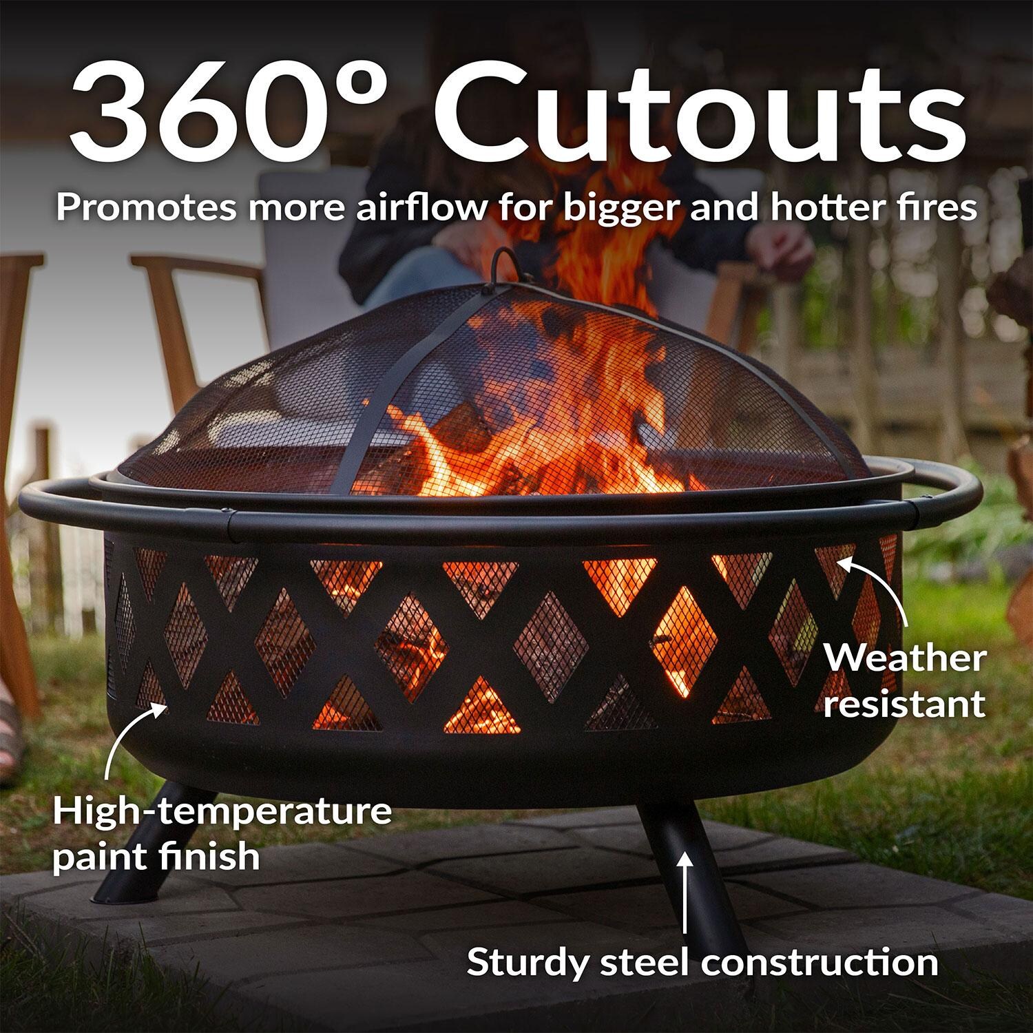 Ultimate Patio Crossweave 36 Inch Round Steel Wood-Burning Fire Pit in Black - 360 Degree Airflow Cutouts - Detail thumbnail