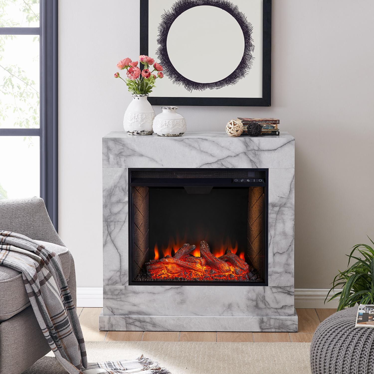 Southern Enterprises Dendale Faux Marble Electric Fireplace W/ Alexa-Enabled Smart Firebox - FS1062859