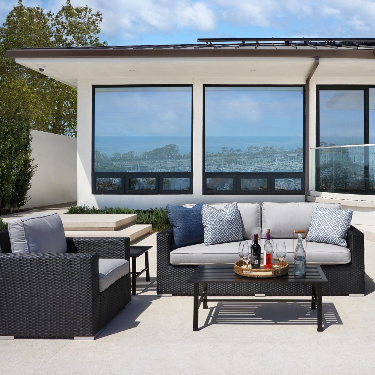 Sunset West Solana 5 Piece Wicker Patio Conversation Set W/ Sunbrella Cast Silver Cushions thumbnail