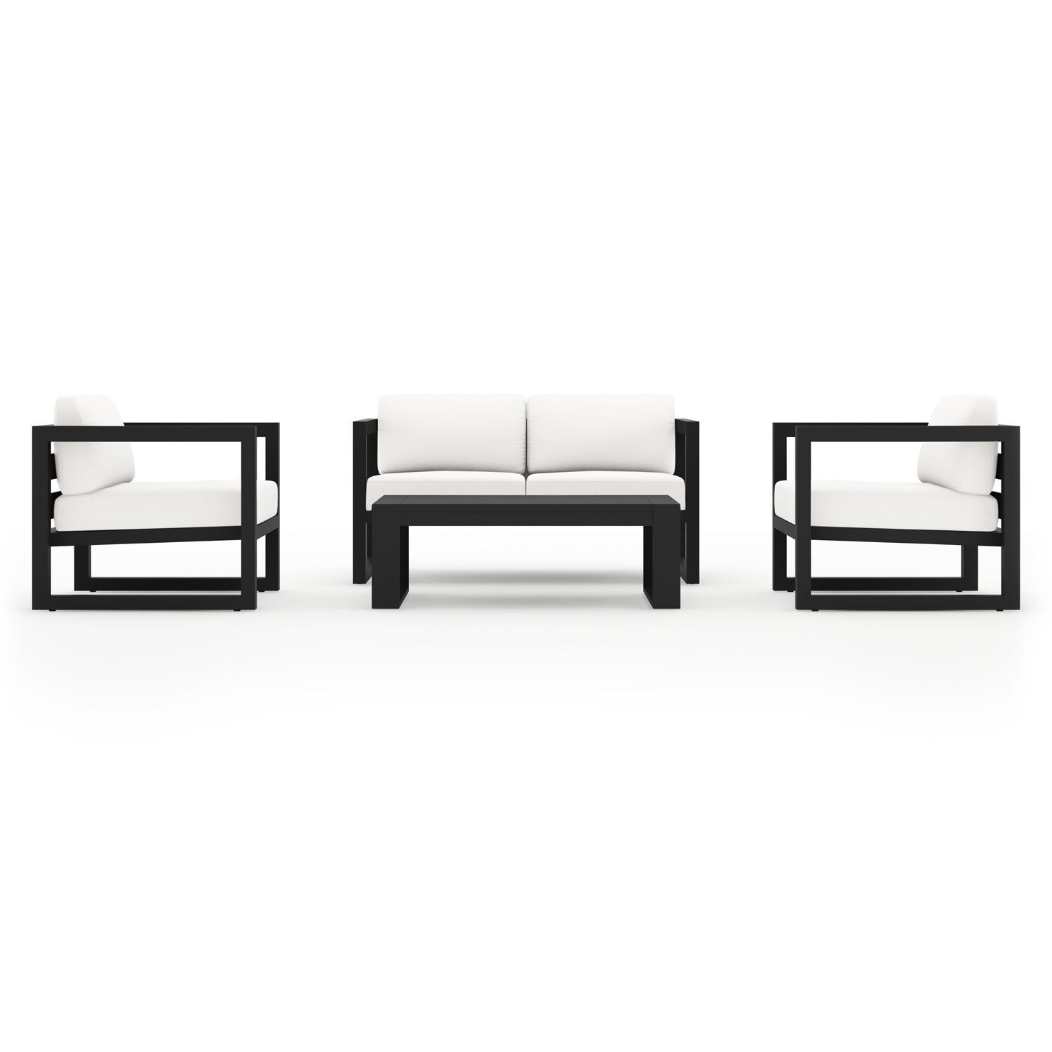 Misty Cove 4 Pc Aluminum Seating Set w/ Portal Coffee Table in Black/Canvas Natural by Lakeview Outdoor Designs