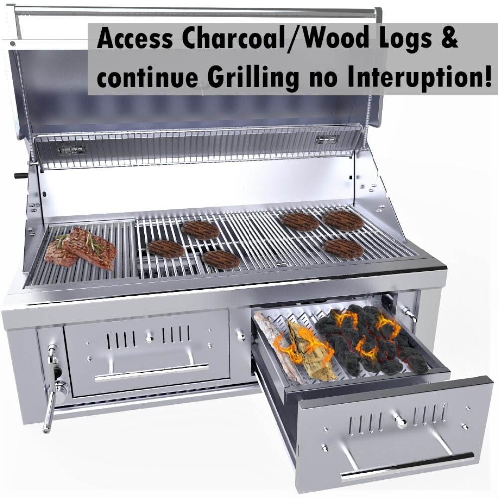 Sunstone EMCHDZ42-NG Series 42 Inch Natural Gas Hybrid Dual Zone Charcoal/Wood Burning Grill - In Use thumbnail