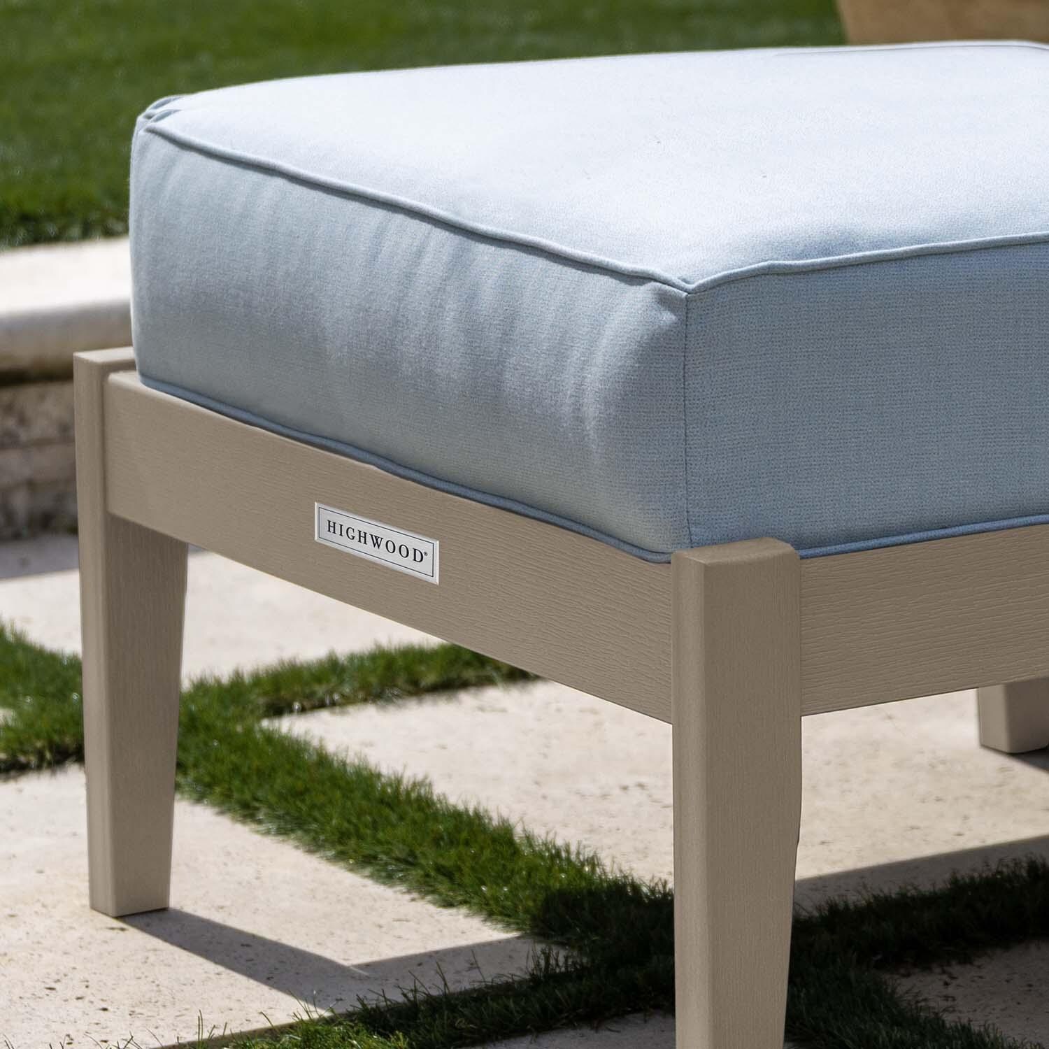Blushing Bay Recycled Plastic Ottoman in Bliss Dew/Woodland Brown by Lakeview Outdoor Designs - Close Up - Lifestyle thumbnail