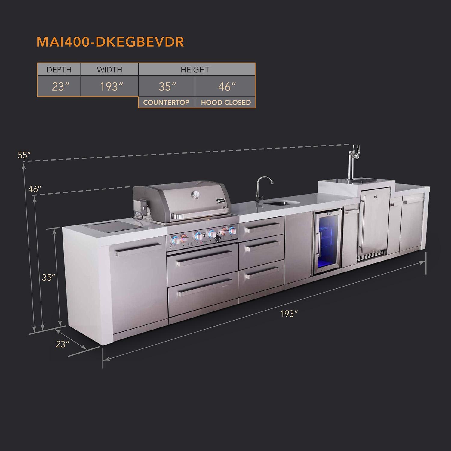 Mont Alpi Deluxe Series 16 Ft Natural Gas Outdoor Kitchen Island w/ 32-in Grill, Side Burner, Beverage Center, Kegerator & Triple Drawer (Ships Propane w/ Conversion Kit) - Dimensions - Dimensional thumbnail