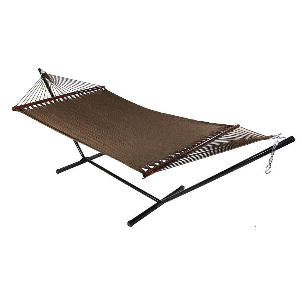 Ultimate Patio Soft-Spun Woven Rope Double Hammock w/ 15-Foot Steel Beam Stand - Mocha