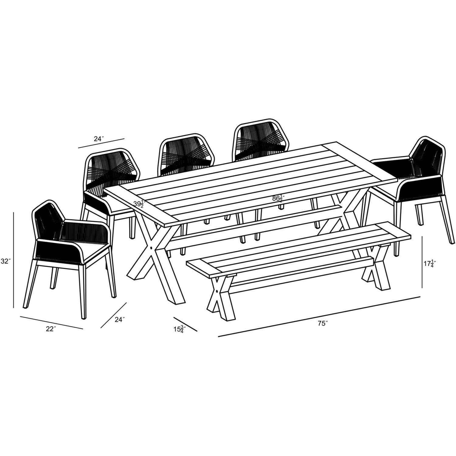 Wood Grove 8 Seat Reclaimed Teak and Rope Dining Set w/ Bench By Lakeview - Dimensional thumbnail