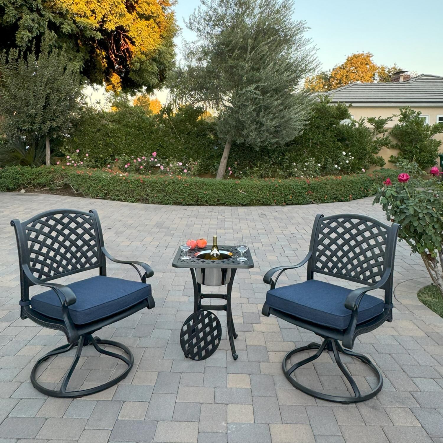 Nassau 3 Pc Cast Aluminum Conversation Set w/ Rocker and Ice Bucket in Antique Bronze w/ Navy Cushions By Darlee
