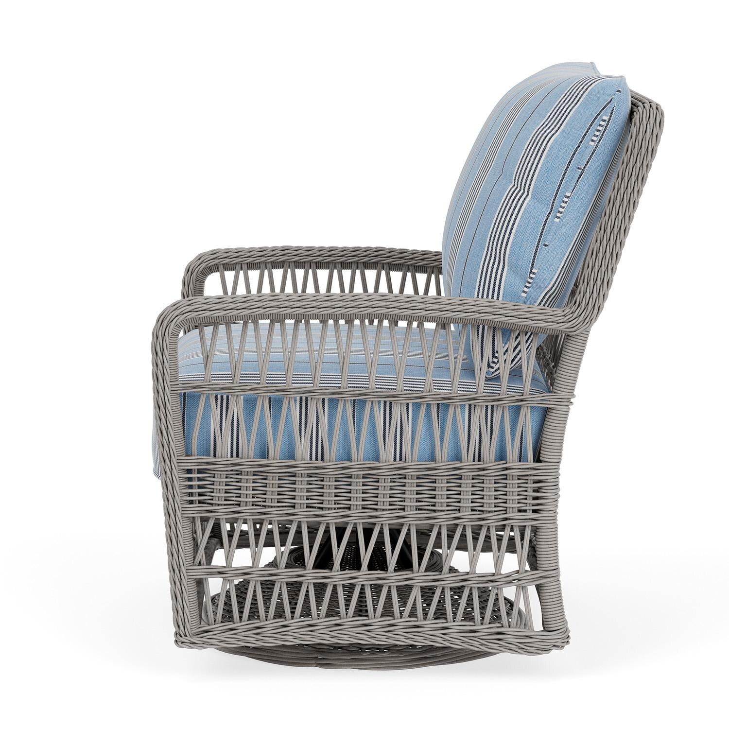 Lloyd Flanders Mackinac Swivel Glider Lounge Chair in Putty Finish with Hansen Sky fabric - Left Side thumbnail