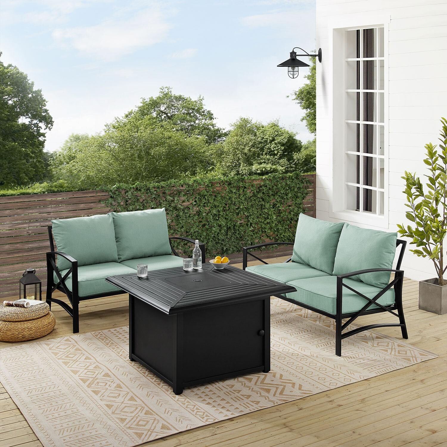 Ultimate Patio UP-82271BZ-MI 3Pc Outdoor Loveseat Set W/ Fire Table in Mist - On Patio W/ Fire Table Off - Lifestyle thumbnail