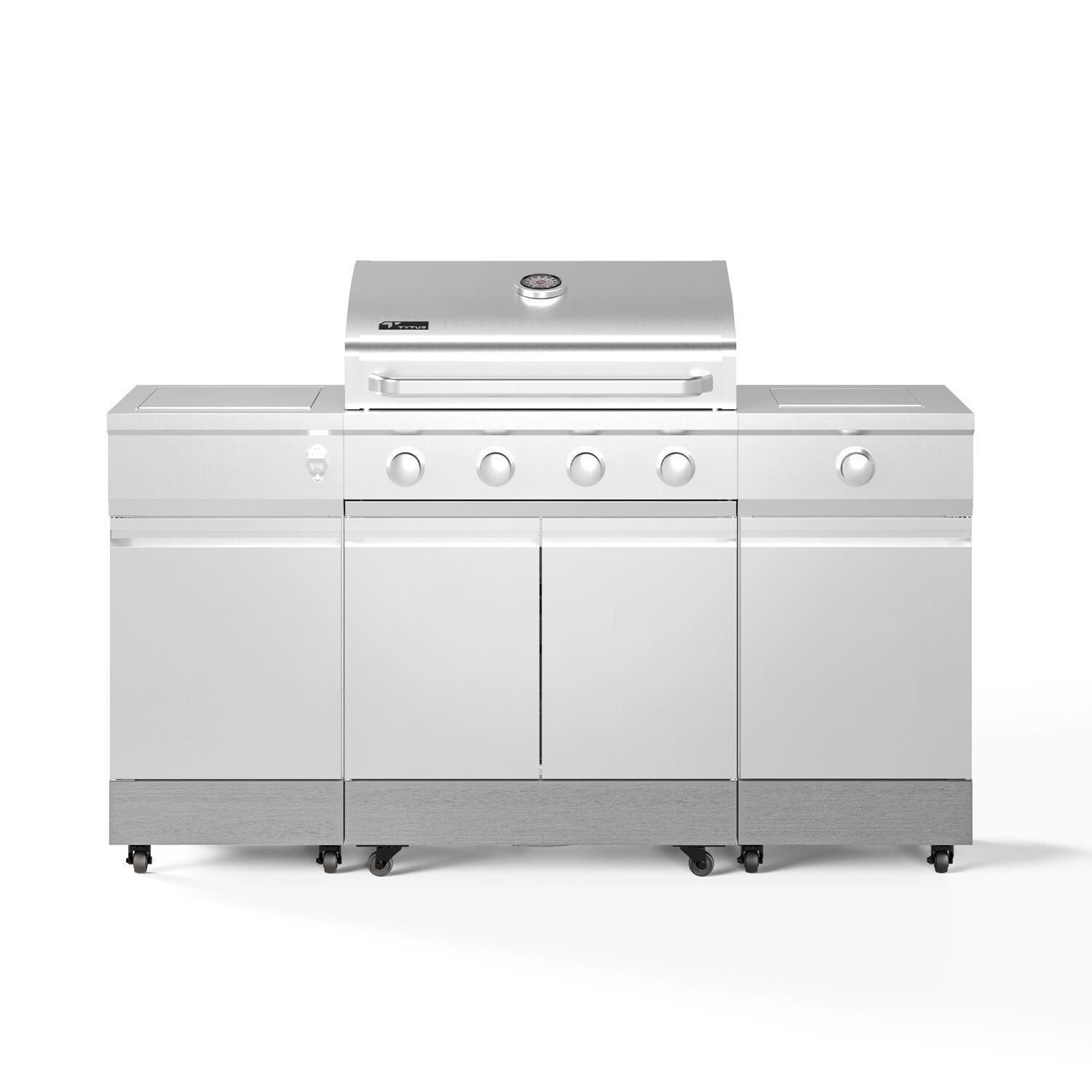 TYTUS Fresno Series 4-Burner Stainless Steel + Carbon Wood Natural Gas BBQ Island (Ships Propane w/ Conversion Kit) - Front - White Background thumbnail