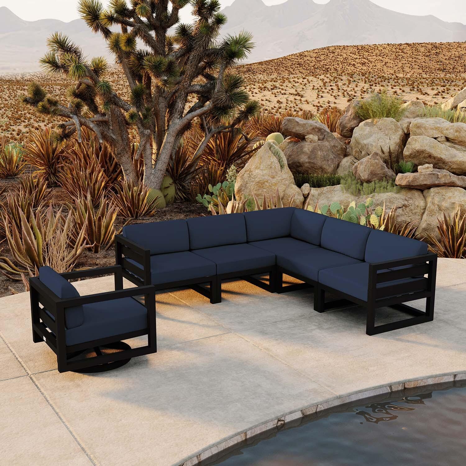 Misty Cove 6 Pc Aluminum Sectional Seating Set w/ Swivel Chairs in Black/Spectrum Indigo by Lakeview Outdoor Designs - Lifestyle thumbnail