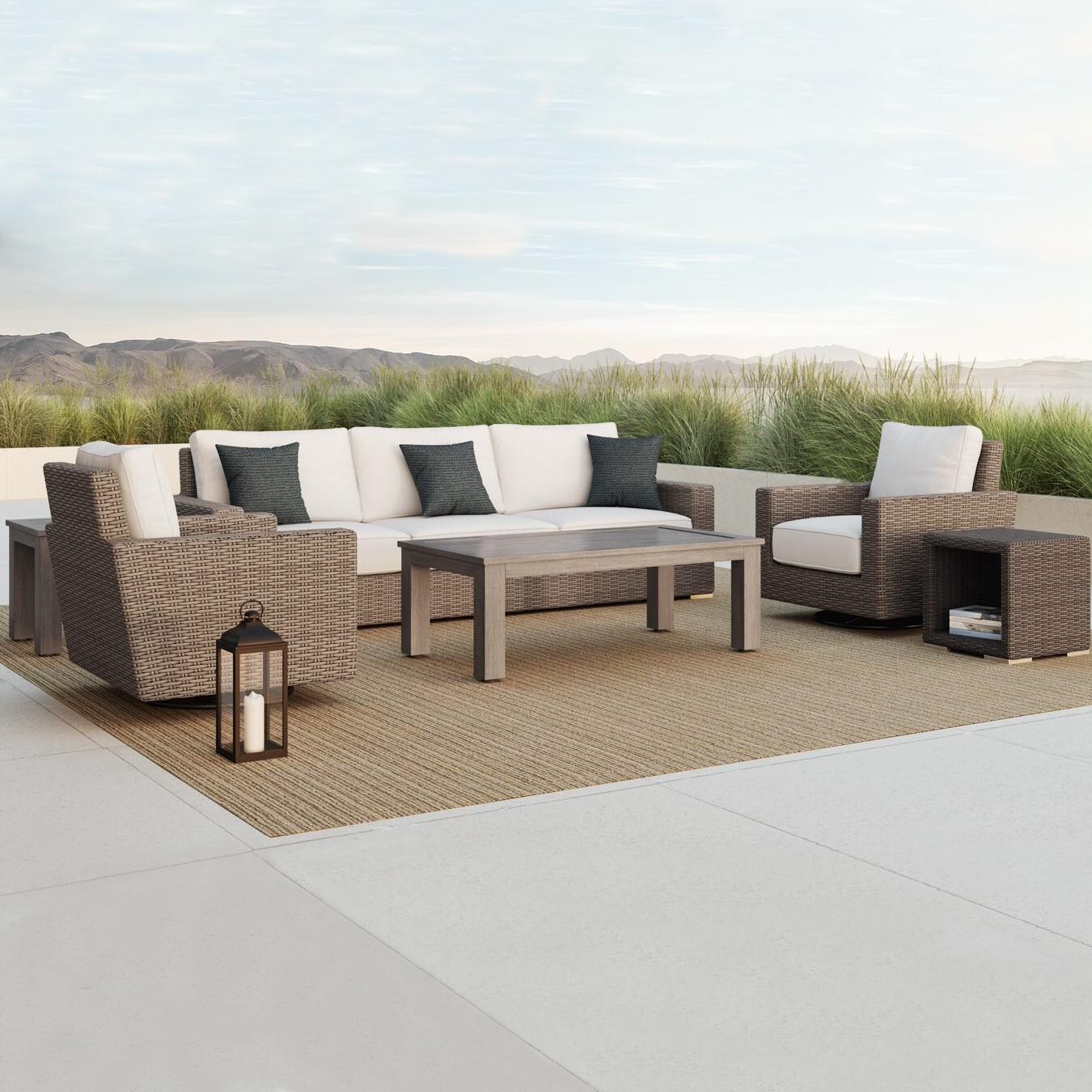Sunset West - Coronado 6 Piece Resin Wicker Patio Conversation Set W/ Coffee Table, End Tables, & Sunbrella Canvas Flax Cushions thumbnail