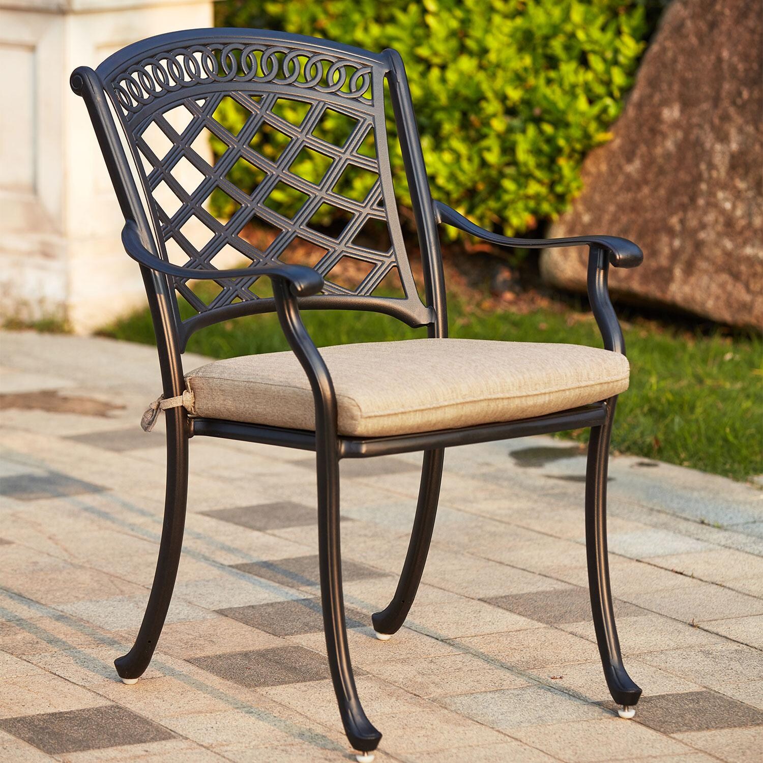 Darlee 201030-7PC-60D Sedona 7 Piece Cast Aluminum Patio Dining Set W/ 60 Inch Round Table & Beige Canvas Cushions - Dining Arm Chair - Lifestyle thumbnail