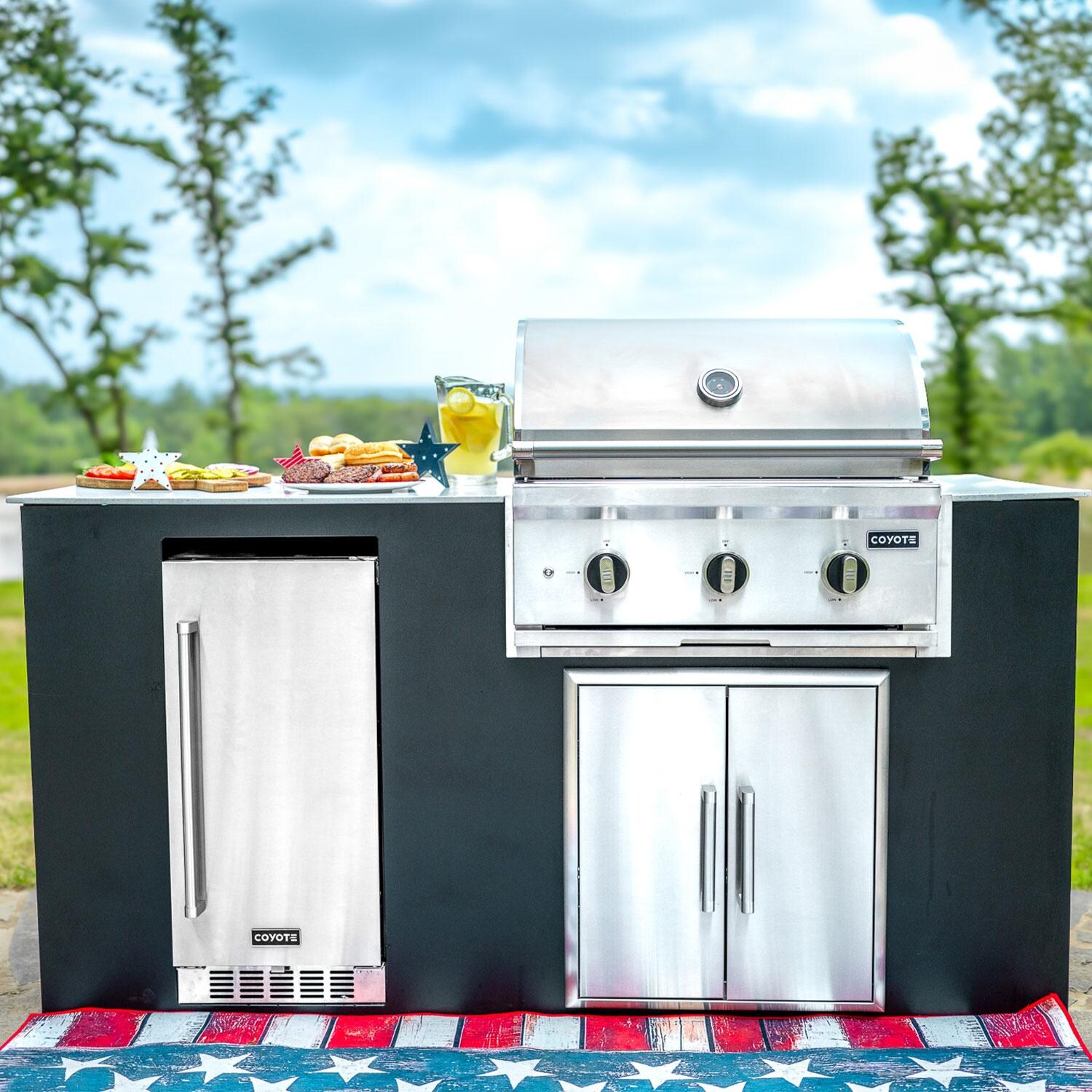 Coyote Key 6 Ft Outdoor Kitchen Island w/ SL-Series 30-in 2-Burner Built-In Natural Gas Grill, Insulated Jacket, Refrigerator & Access Door - Patio - Lifestyle thumbnail