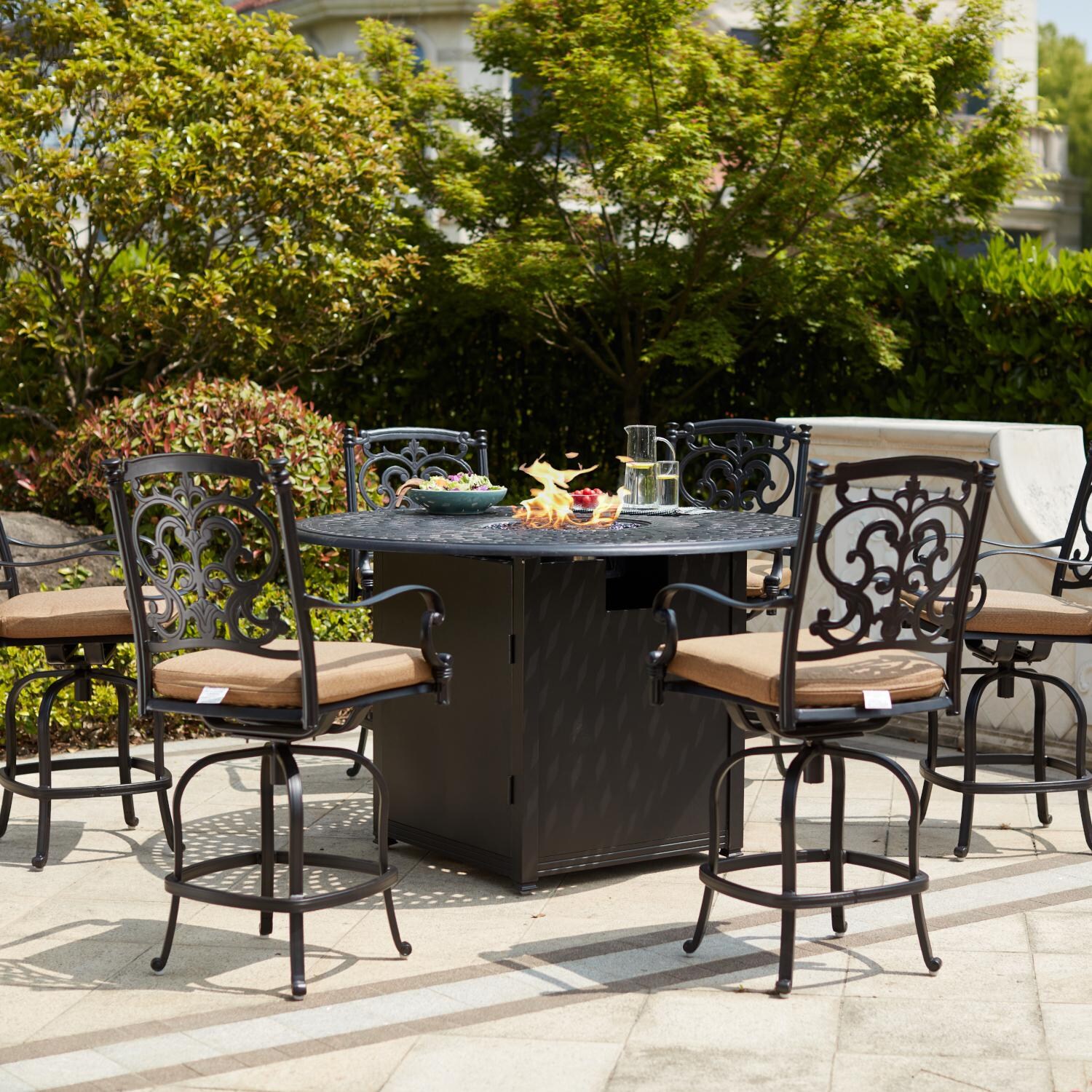 Santa Barbara 7 Pc Cast Aluminum Counter Height Fire Pit Dining Set w/ 60 Inch Round Signature Table in Antique Bronze/Sesame by Darlee