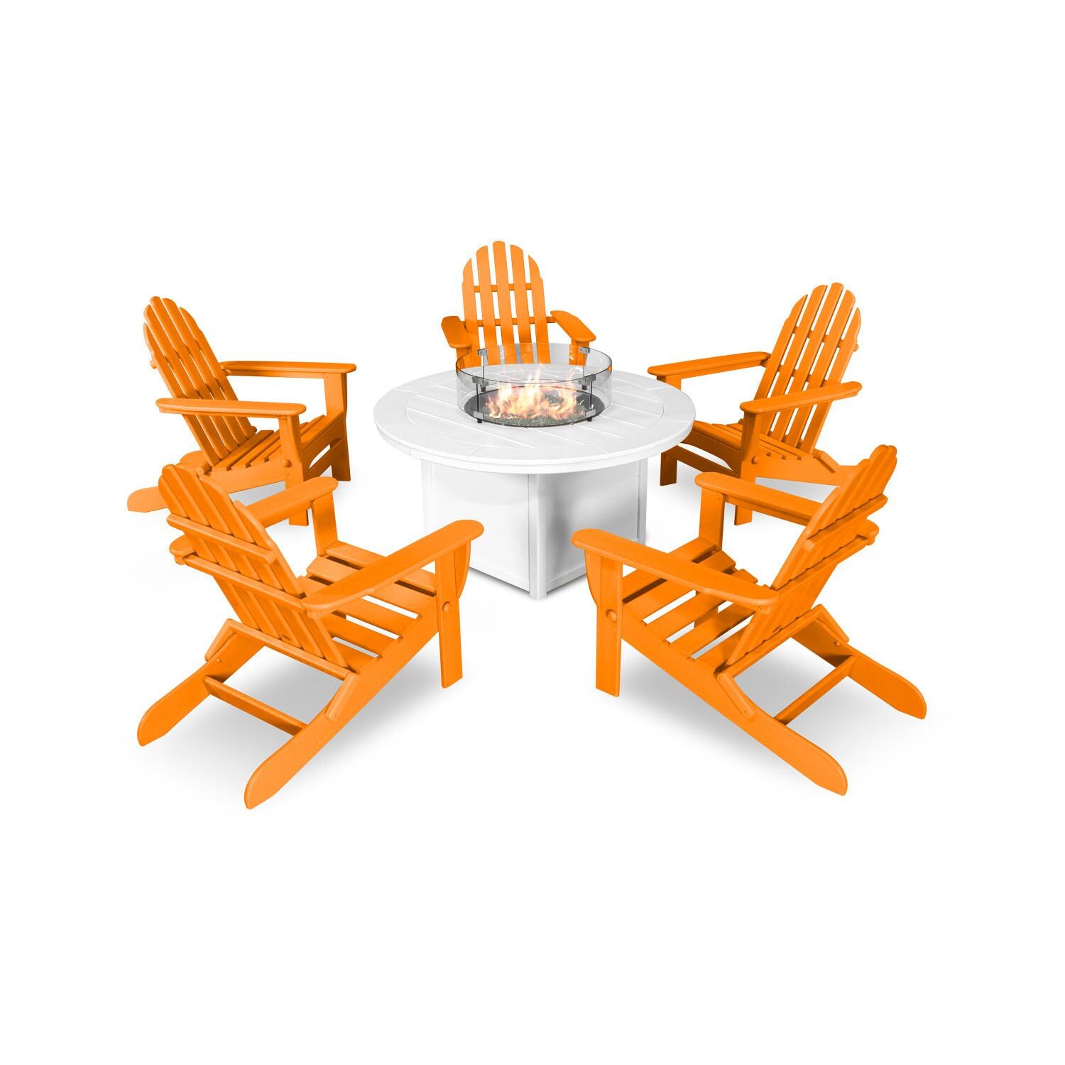 Classic Adirondack 6 Pc Recycled Plastic Fire Pit Seating Set in Tangerine by POLYWOOD