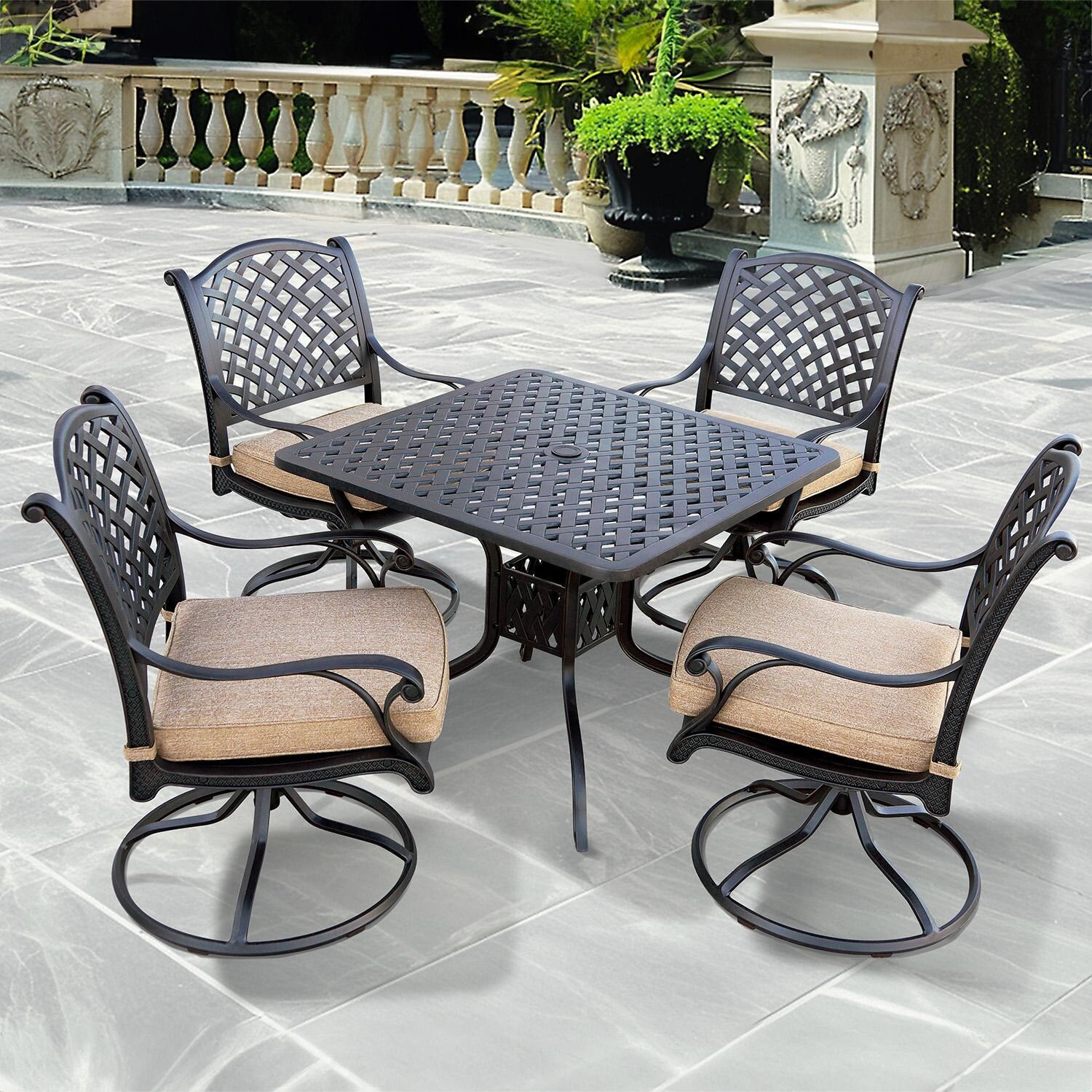 Nassau 5 Pc Cast Aluminum Dining Set w/ 36 Inch Square Series 30 Table & Swivel Rockers in Antique Bronze/Sesame by Darlee