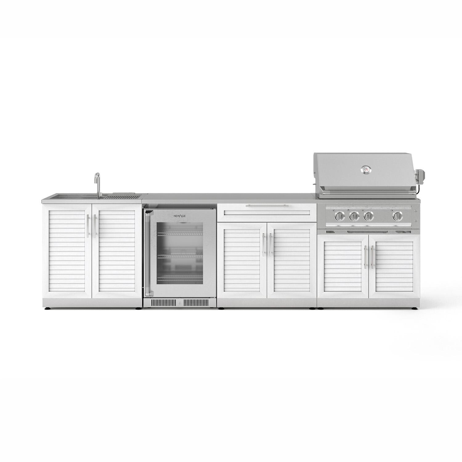 NewAge Products 71527 Classic Series 10 Ft Outdoor Kitchen Island w/ 33-in Natural Gas Grill, Sink, Glass Door Refrigerator, Trash Bin, Door & Drawer in White/Stainless Steel - Island - White Background thumbnail