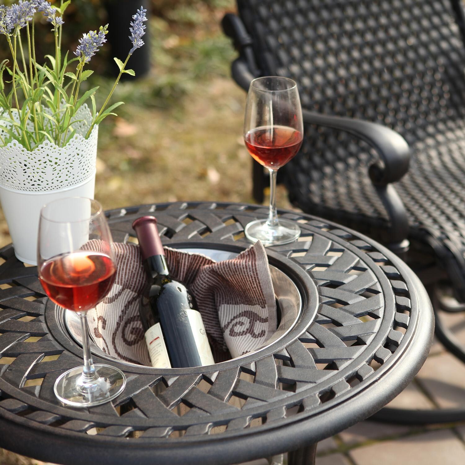 Darlee Series 60 Patio End Table With Ice Bucket Insert in Antique Bronze - Ice Bucket in Use - Lifestyle thumbnail