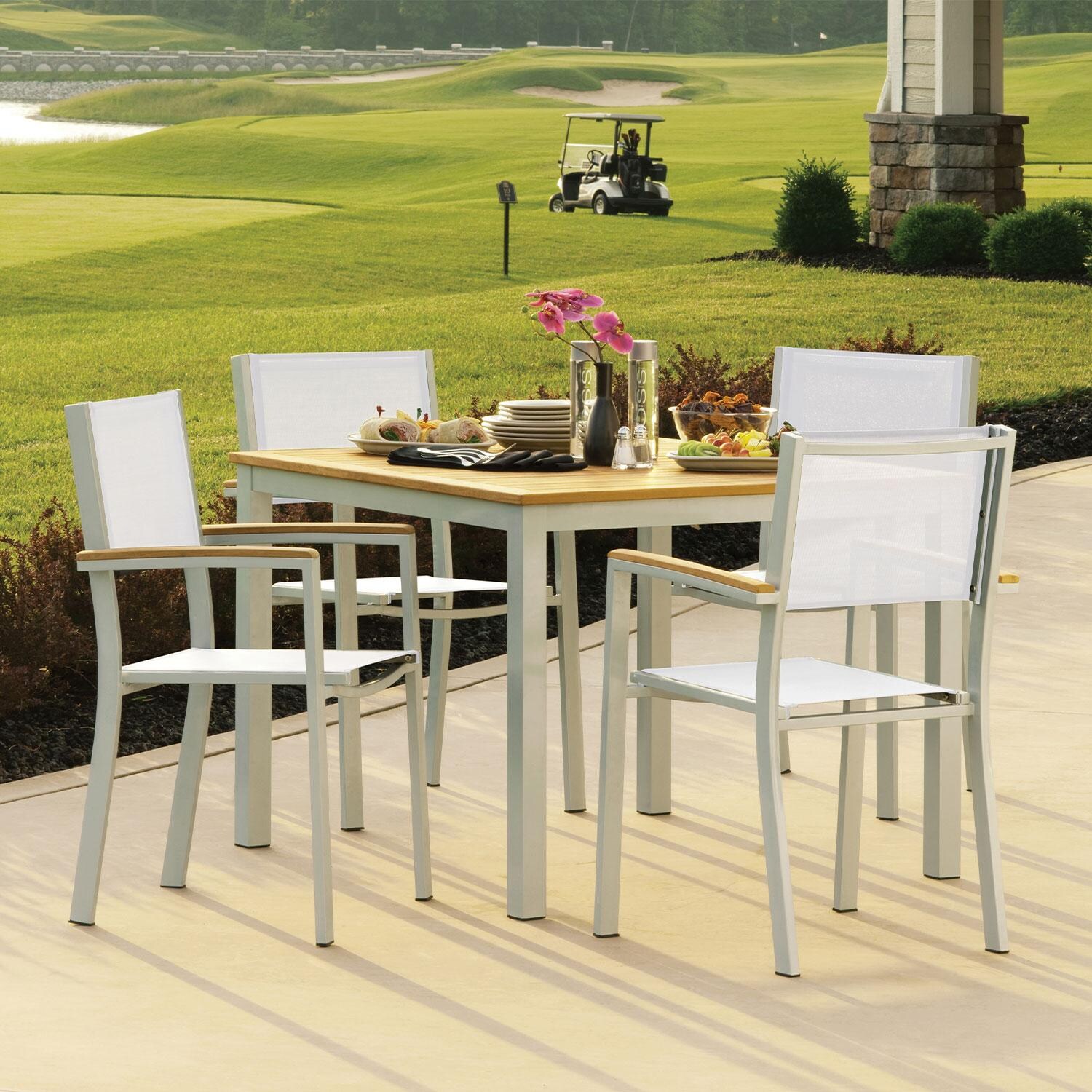 Travira 5 Pc Powder-Coated Aluminum Dining Set W/ Square Table in Natural/Flint By Oxford Garden - on Golf Course - Lifestyle thumbnail