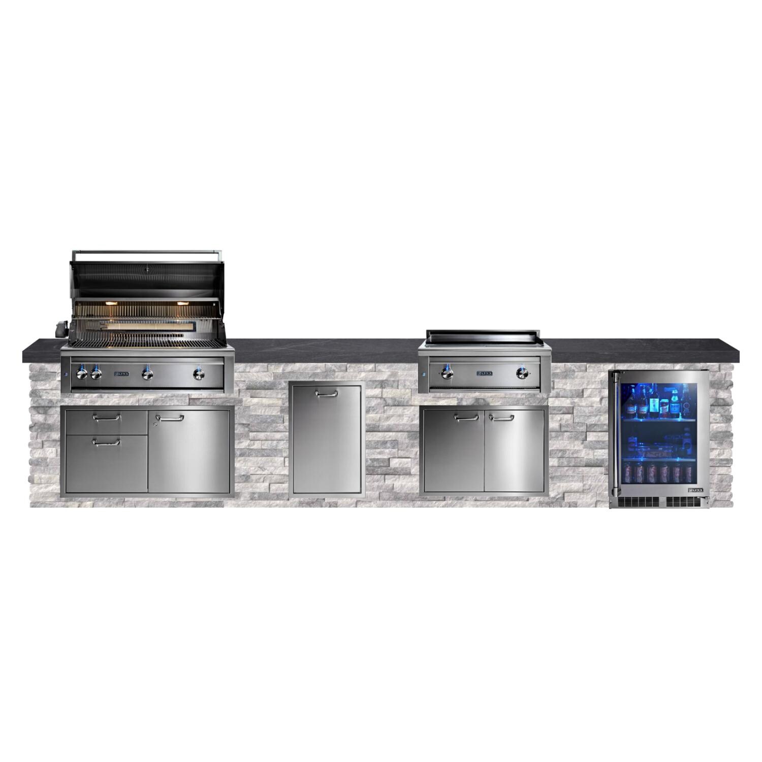 BBQGuys Signature 14ft Luxury Outdoor Kitchen w/ Lynx Professional 42-Inch Natural Gas Grill, 30-Inch Asado Grill & Refrigerator - Alaska Gray Stone w/ Black Polished Granite - White Background thumbnail