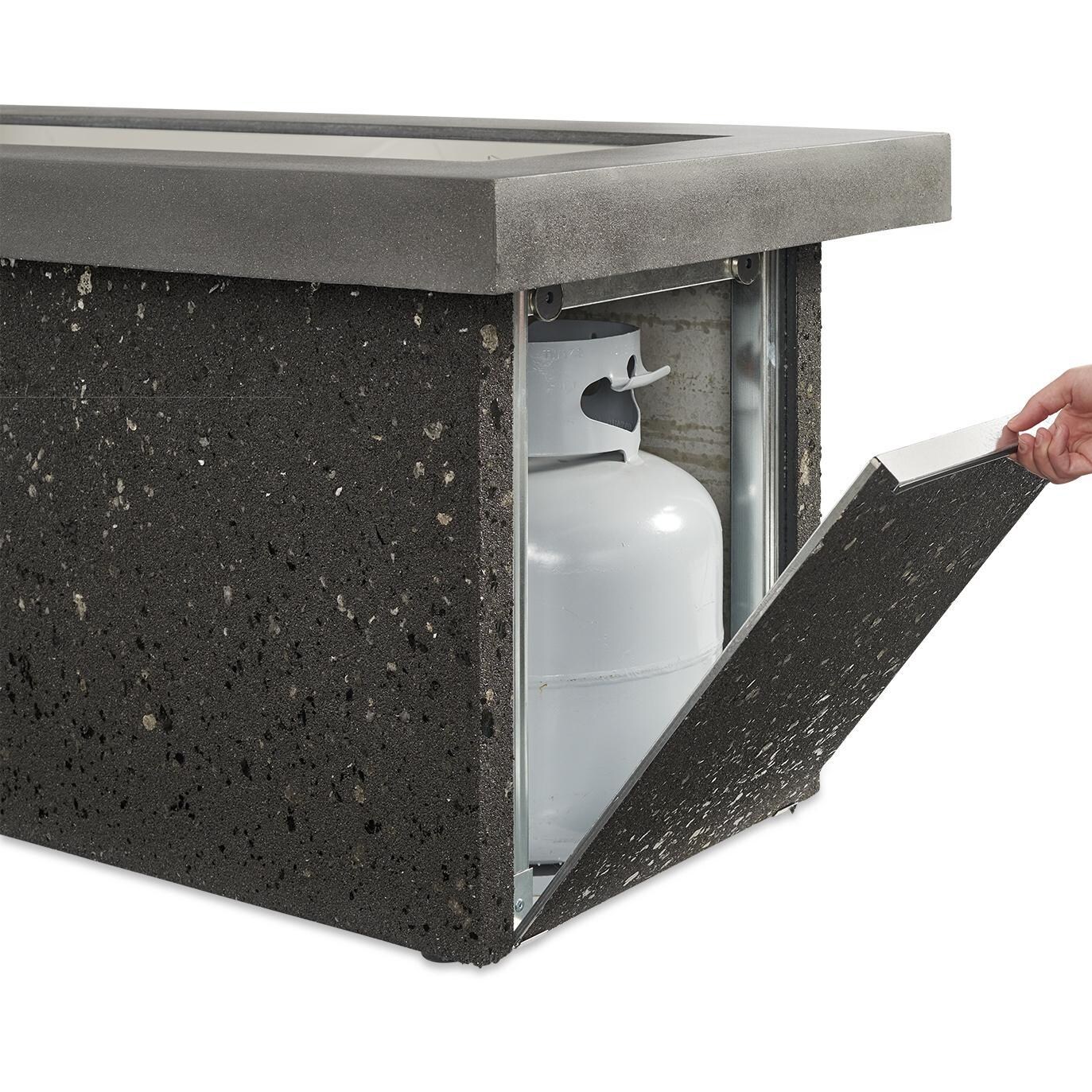 Key Largo 54 Inch Direct Spark Ignition Rectangular Stucco Propane Fire Pit Table in Midnight Mist By The Outdoor GreatRoom Company - Propane Tank Storage - Detail thumbnail