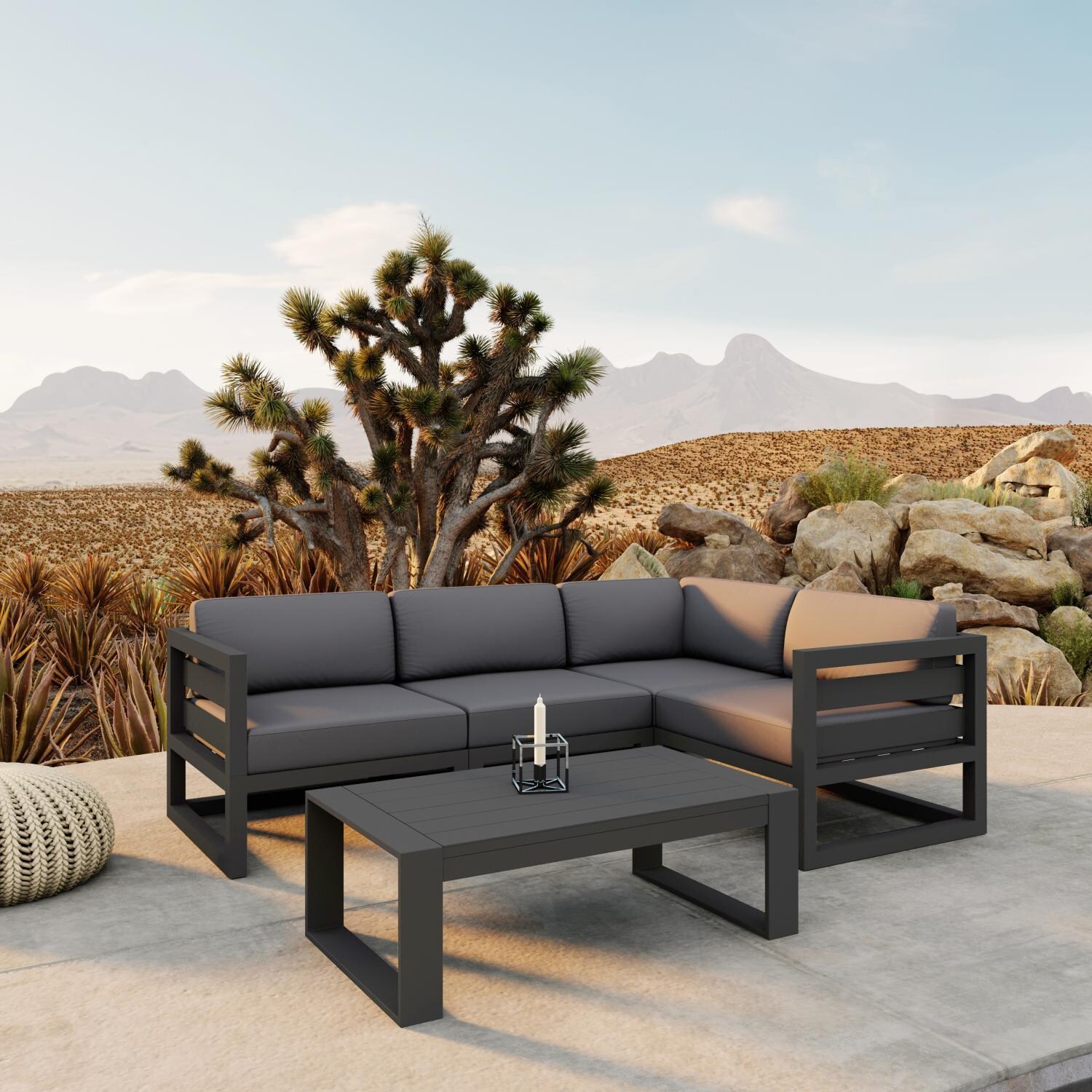 Misty Cove 5 Pc Aluminum Seating Set w/ Sectional & Portal Coffee Table in Slate/Canvas Charcoal by Lakeview Outdoor Designs