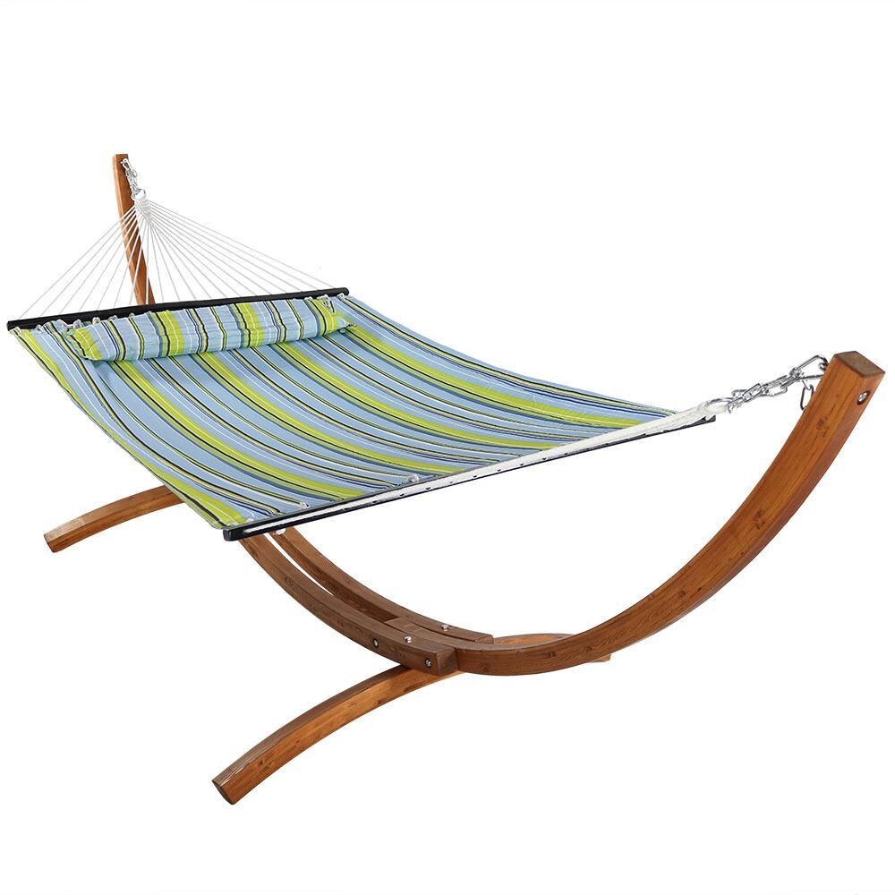 Sunnydaze Decor Quilted Double Hammock & Pillow w/ 12-Foot Wood Stand - Blue & Green - BGHFWP-12WHS-COMBO