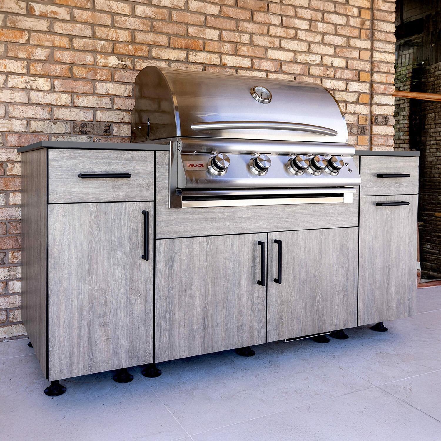 BBQGuys Signature Beech 6 Ft Outdoor Kitchen Island w/ Blaze Propane Grill in Riverside Oak/Lunar Grey - Island - Lifestyle thumbnail