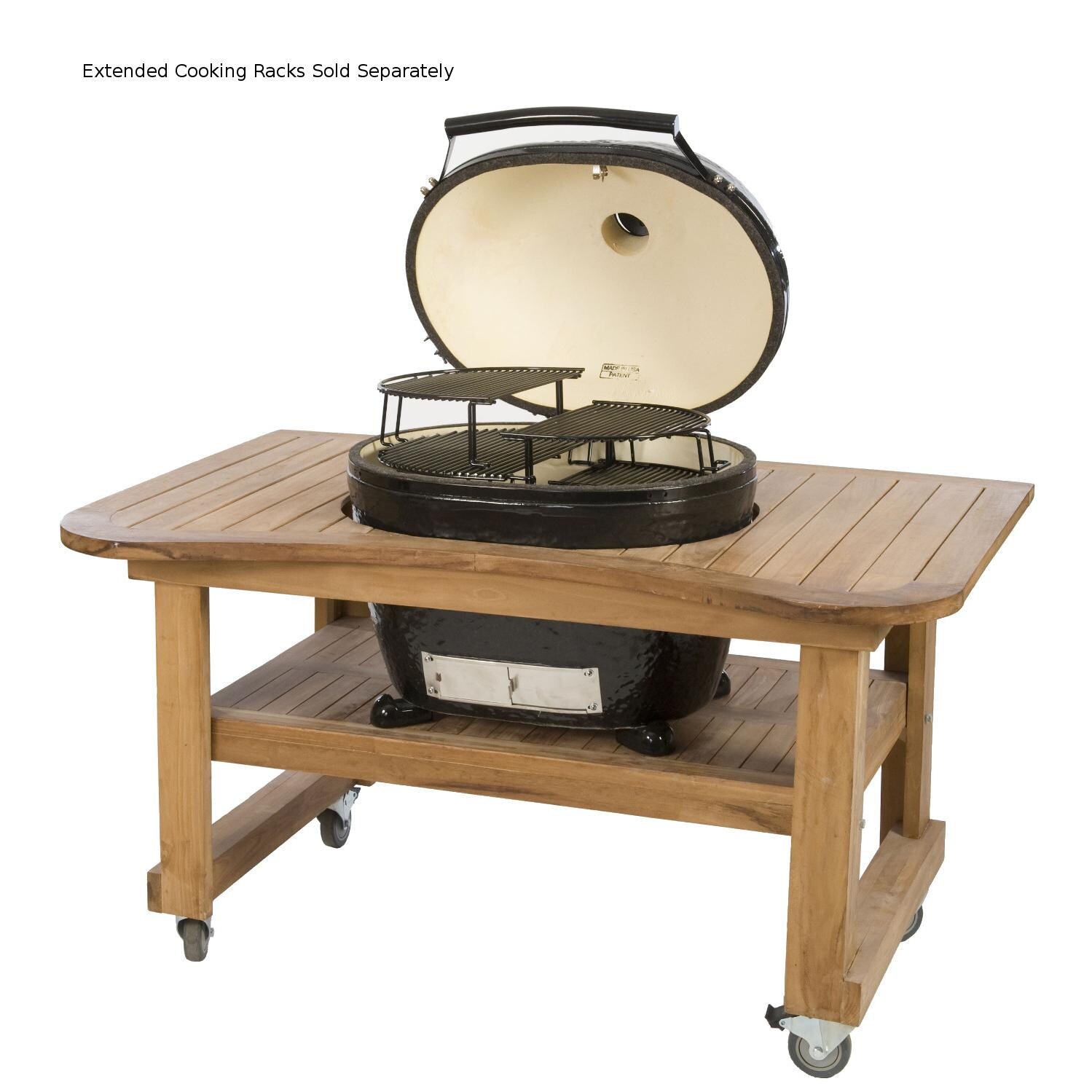 Primo Oval XL Ceramic Charcoal Smoker Grill On Teak Table - With Extended Cooking Racks thumbnail