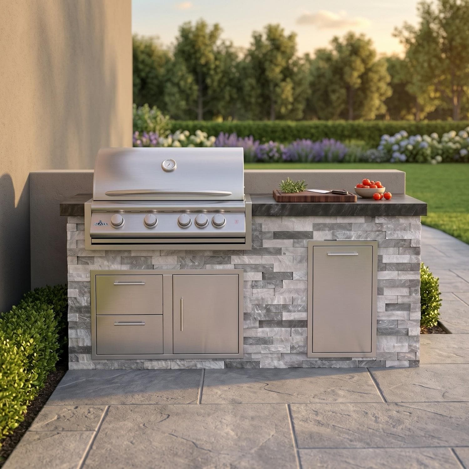 BBQGuys Signature 6 Ft Grill Island w/ 32 Inch Propane Blaze Premium LTE+ Grill, Narrow Trash Bin & Door & Drawer | Alaska Gray w/ Black Granite - Front - Lifestyle thumbnail