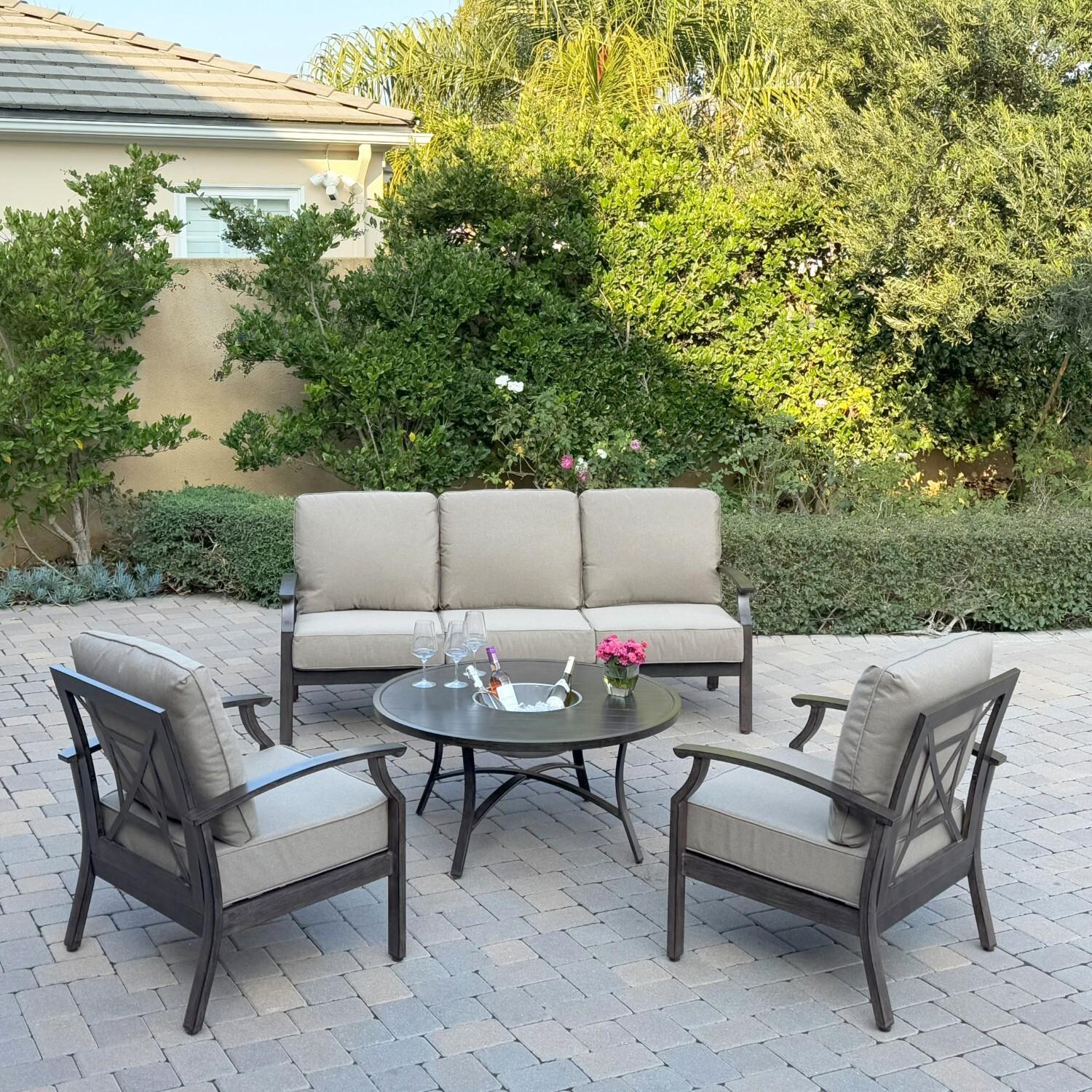 Atlantis 4 Pc Aluminum Seating Set w/ Sofa, 2 Club Chairs & Ice Bucket in Walnut/Beige by Darlee - Hero - Lifestyle thumbnail