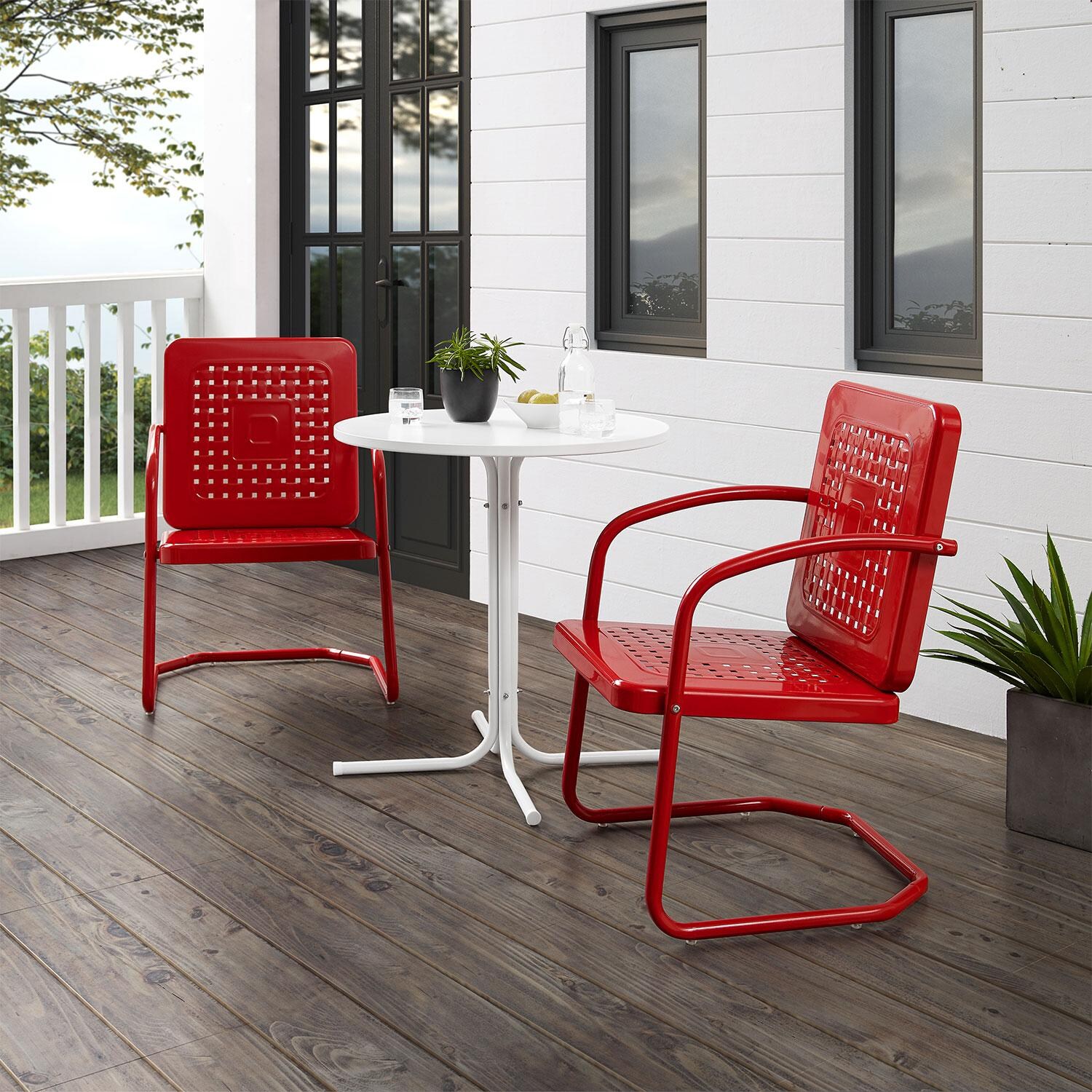 Ultimate Patio UP-32242RE 3Pc Retro Outdoor Bistro Set in Red Gloss - Angled on Patio - Lifestyle thumbnail