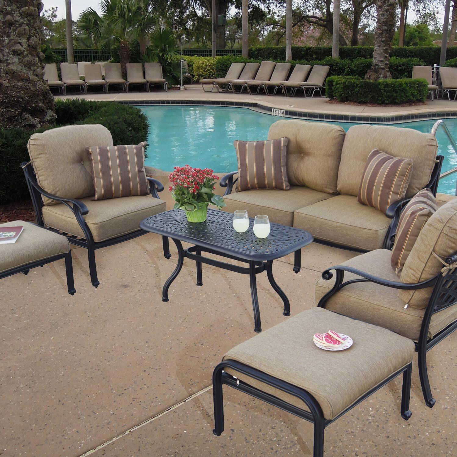 Nassau 6 Pc Cast Aluminum Seating Set w/ 42 X 21 Inch Series 60 Table & Throw Pillows in Antique Bronze/Sesame by Darlee
