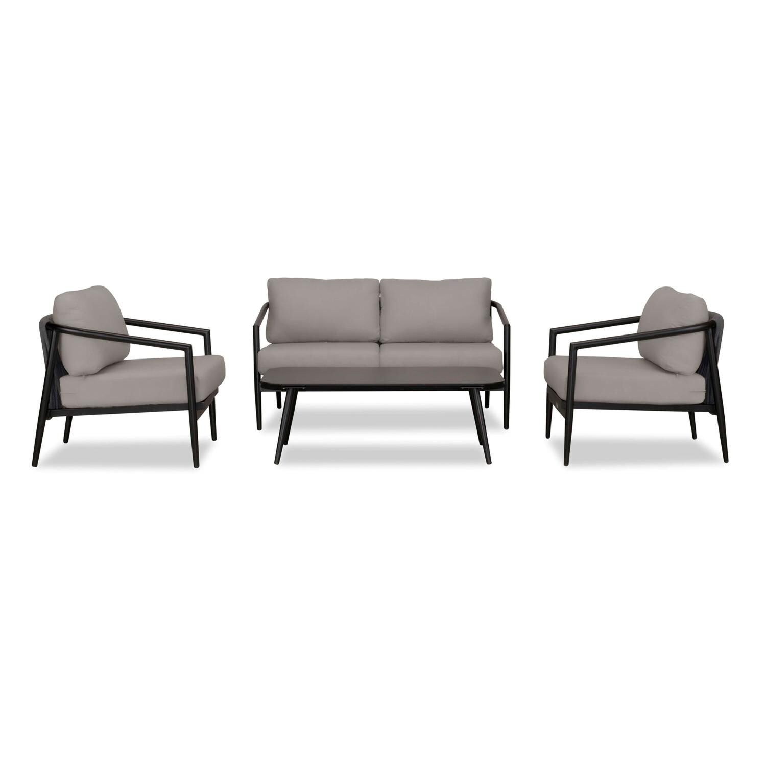 Lakeview Midnight Cove 4 Pc Aluminum Loveseat Seating Set in Black/Carbon/Canvas Charcoal - Front - White Background thumbnail