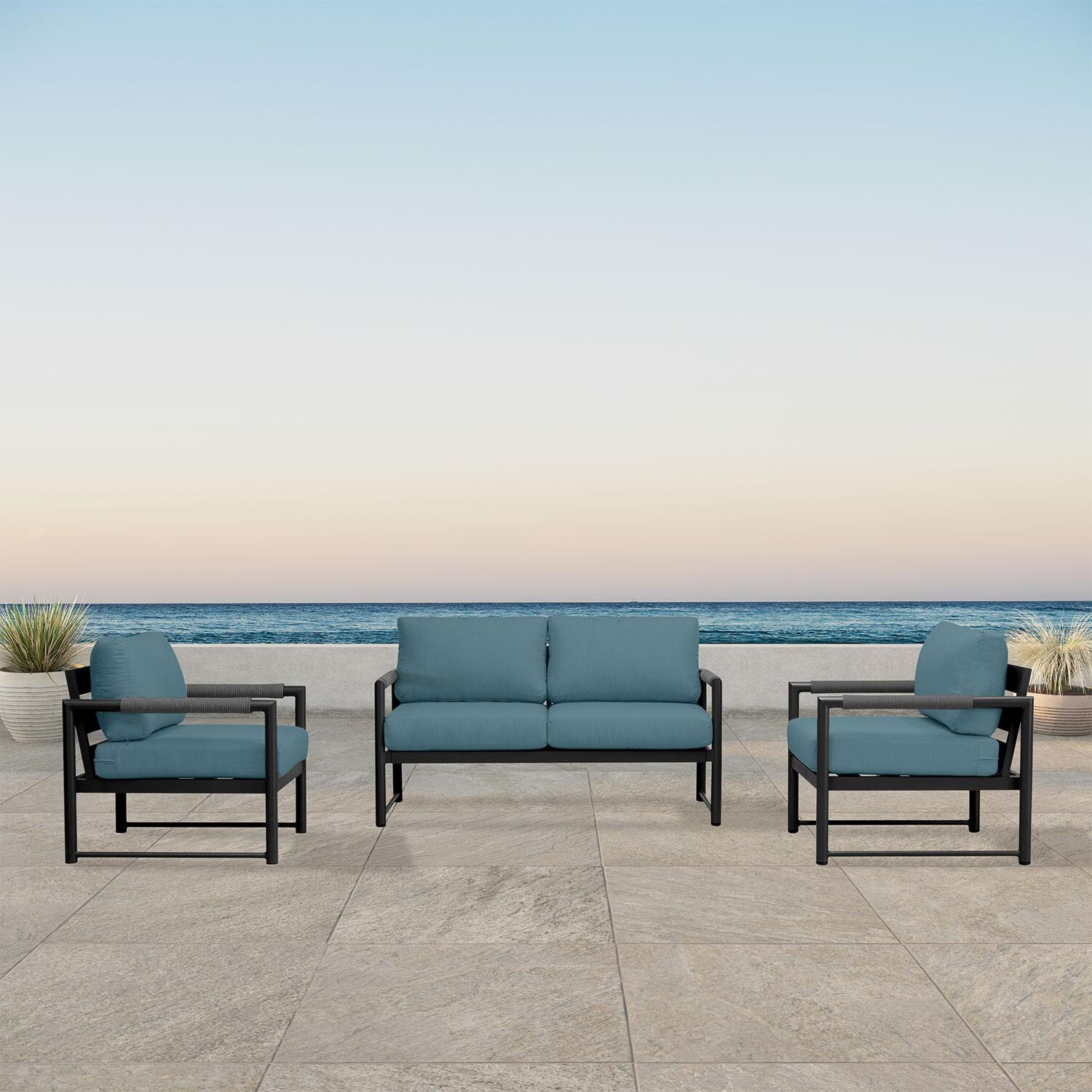 Avenue Bay 3 Pc Aluminum Seating Set in Black/Cast Lagoon by Lakeview Outdoor Designs