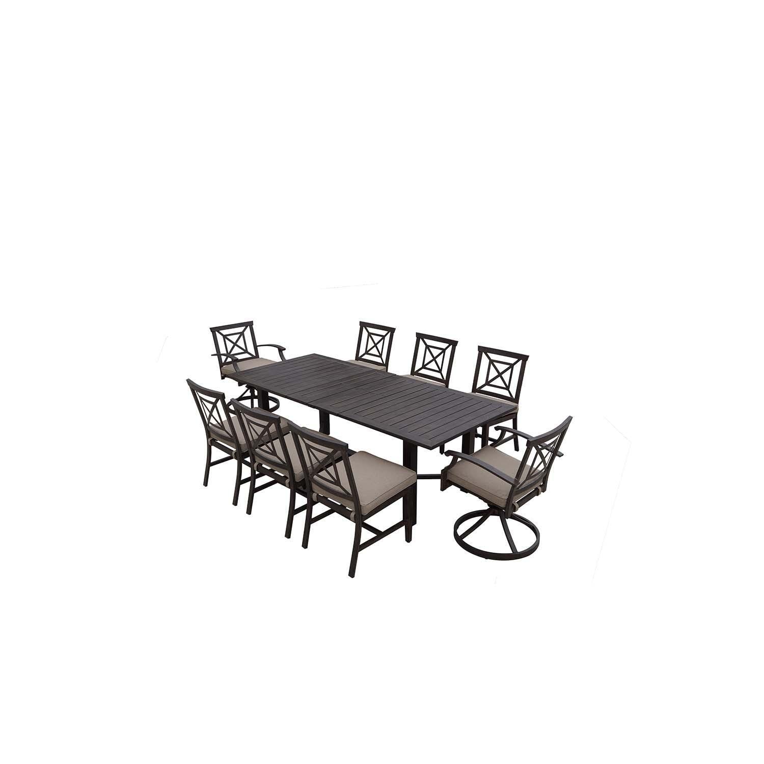 Atlantis 9 Pc Aluminum Dining Set w/ 91 Inch Table, Swivel Rockers, and Beige Cushions in Walnut By Darlee - Set - White Background thumbnail